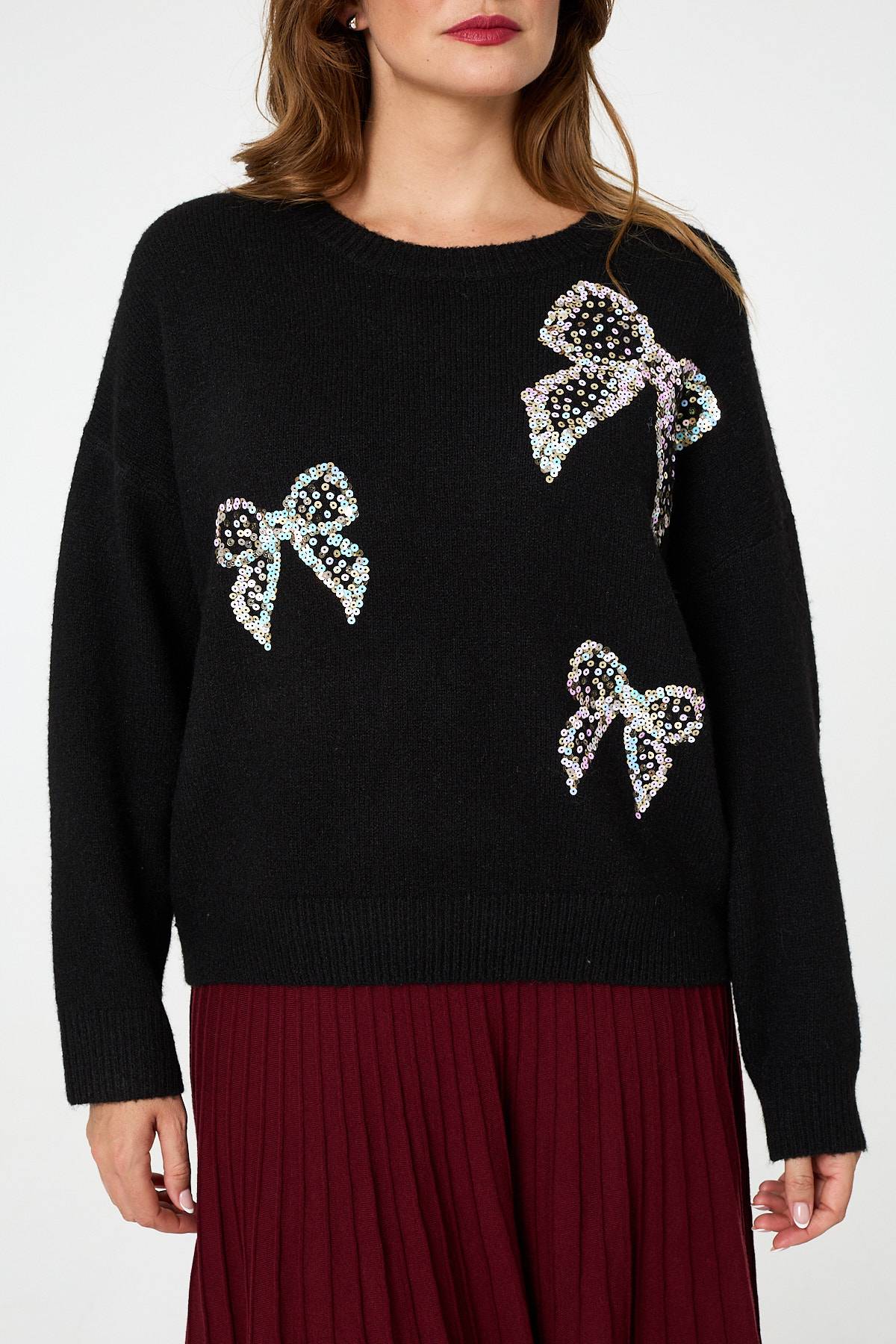 Sequin Bow Detail Drop Shoulder Jumper