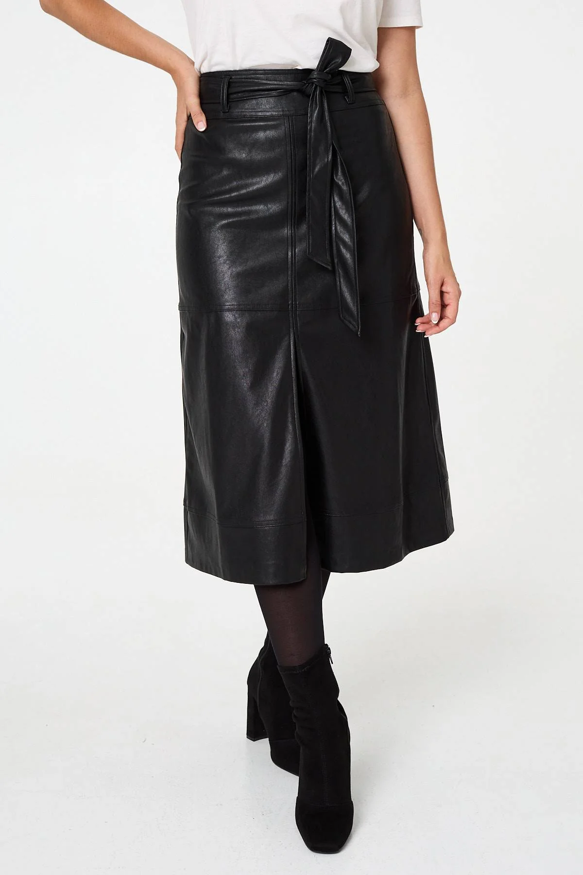Faux Leather Tie Waist A-Line Midi Skirt