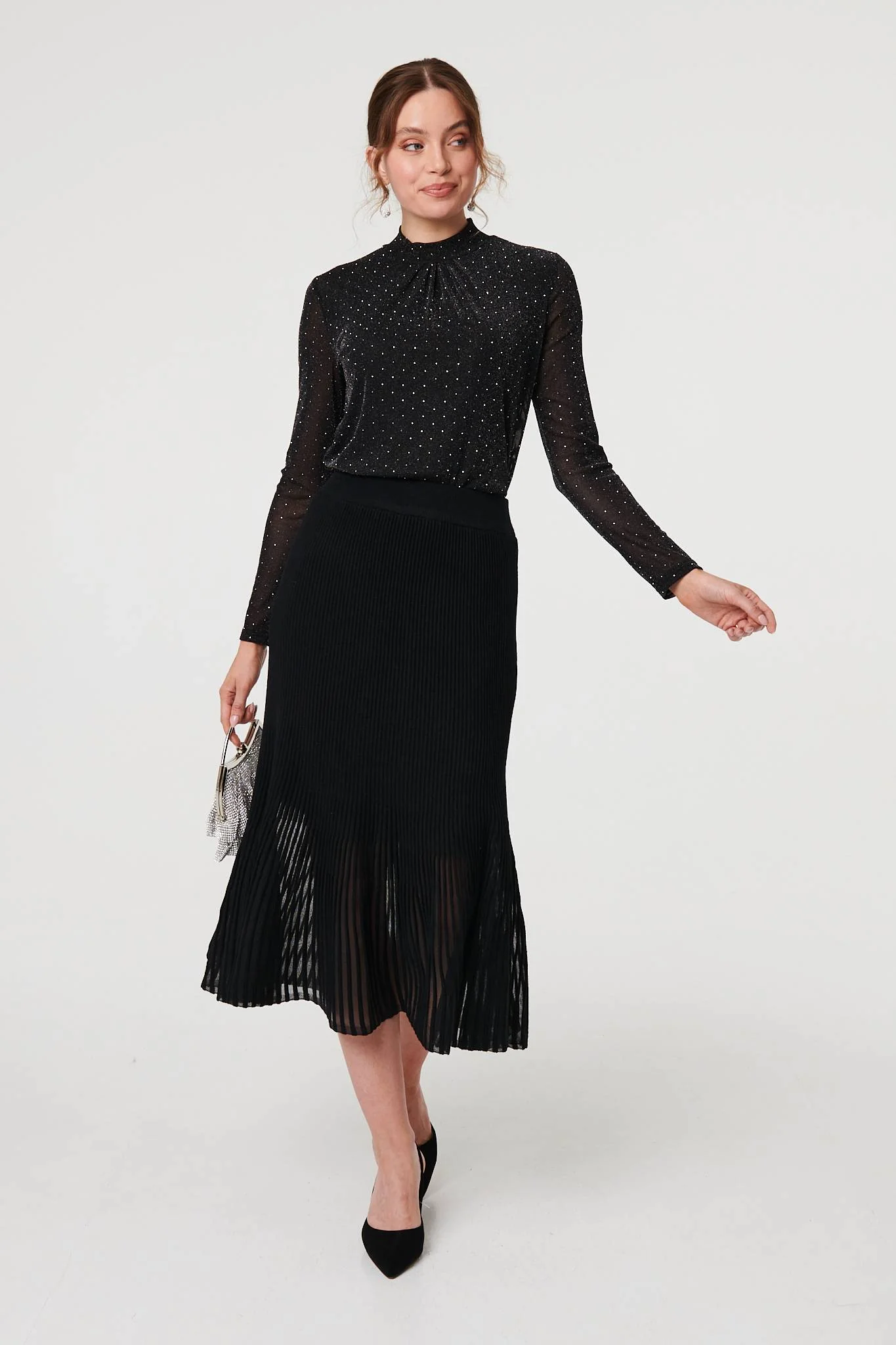 Semi Sheer Pleat High Waist Midi Skirt