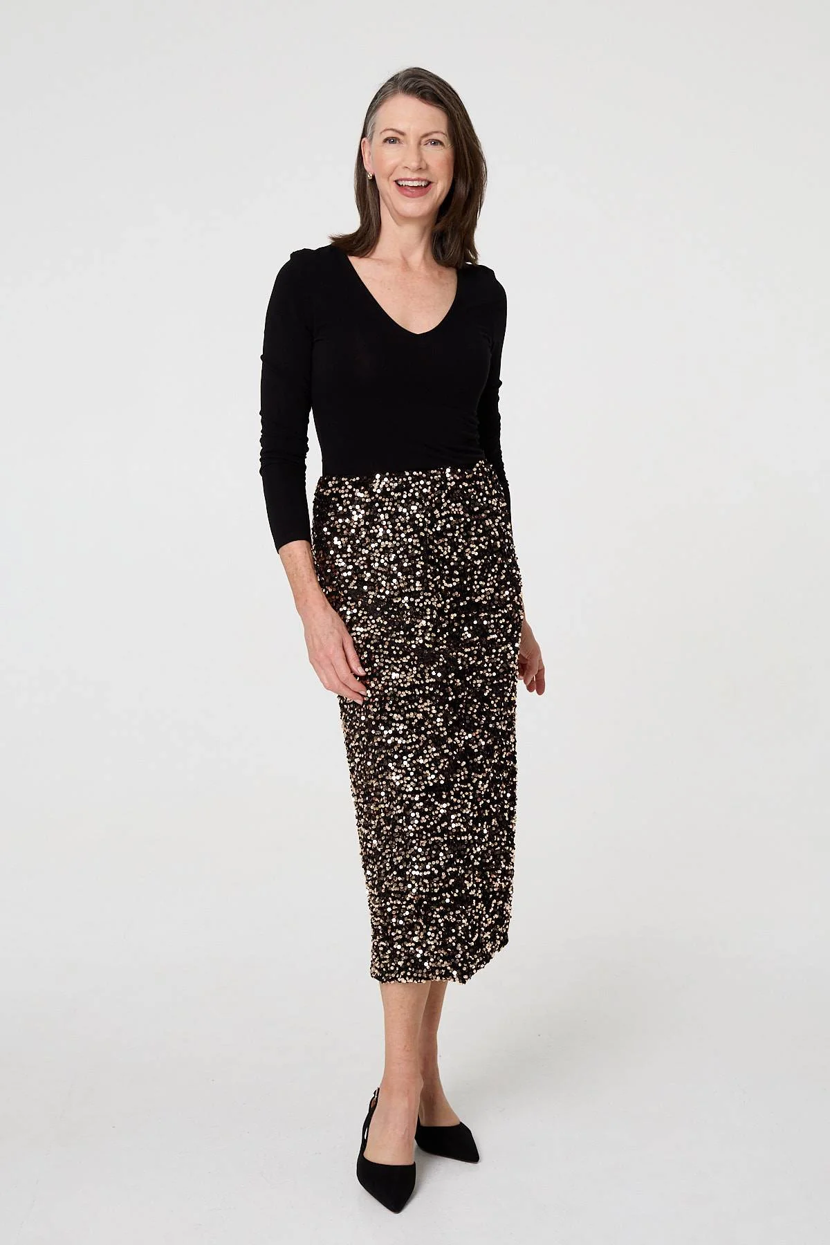 Sequin Embellished High Waist Midi Skirt