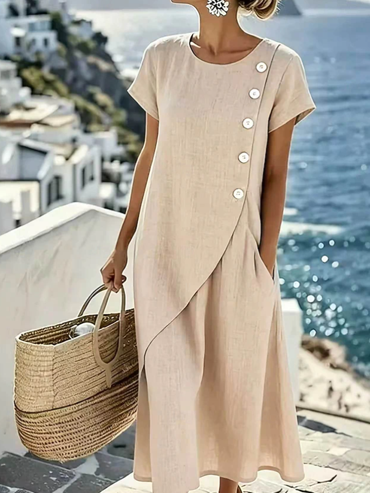 Asymmetric Side Button Linen Pocket Midi Dress For Women