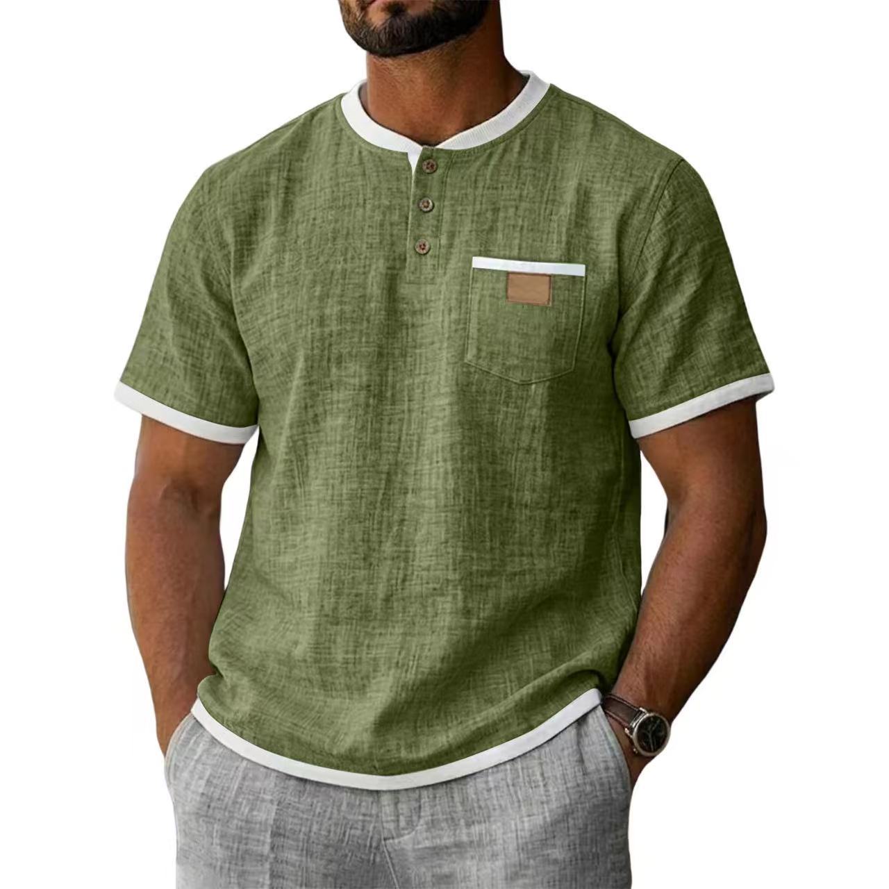Contrast Trim Linen Henley 2 Piece Short Sleeve Outfit Set For Men