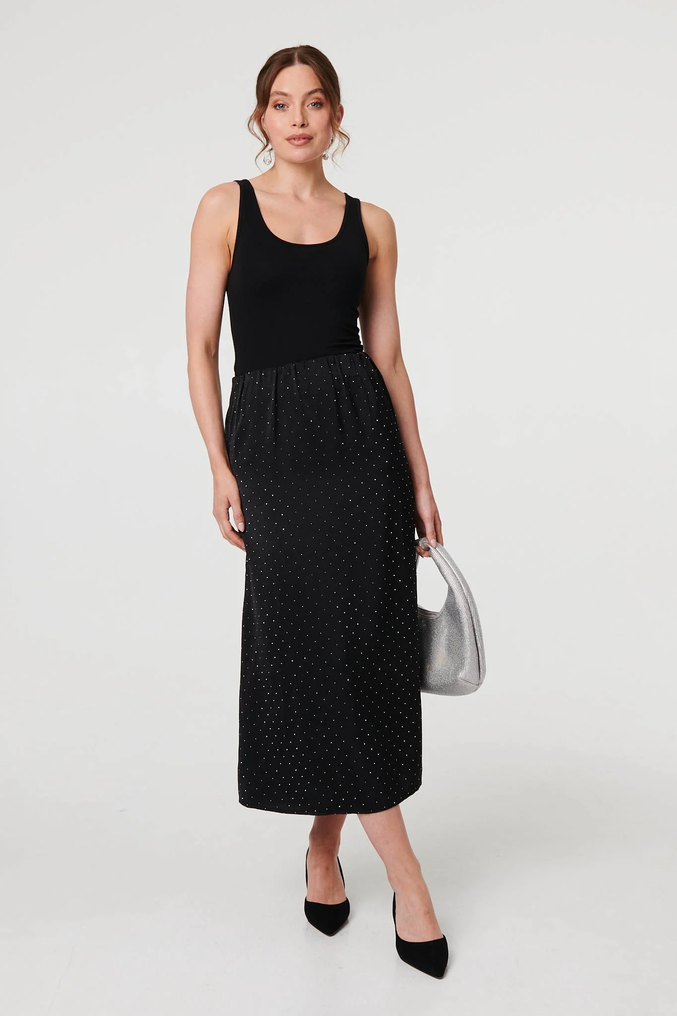 Diamante Detail High Waist Midi Skirt
