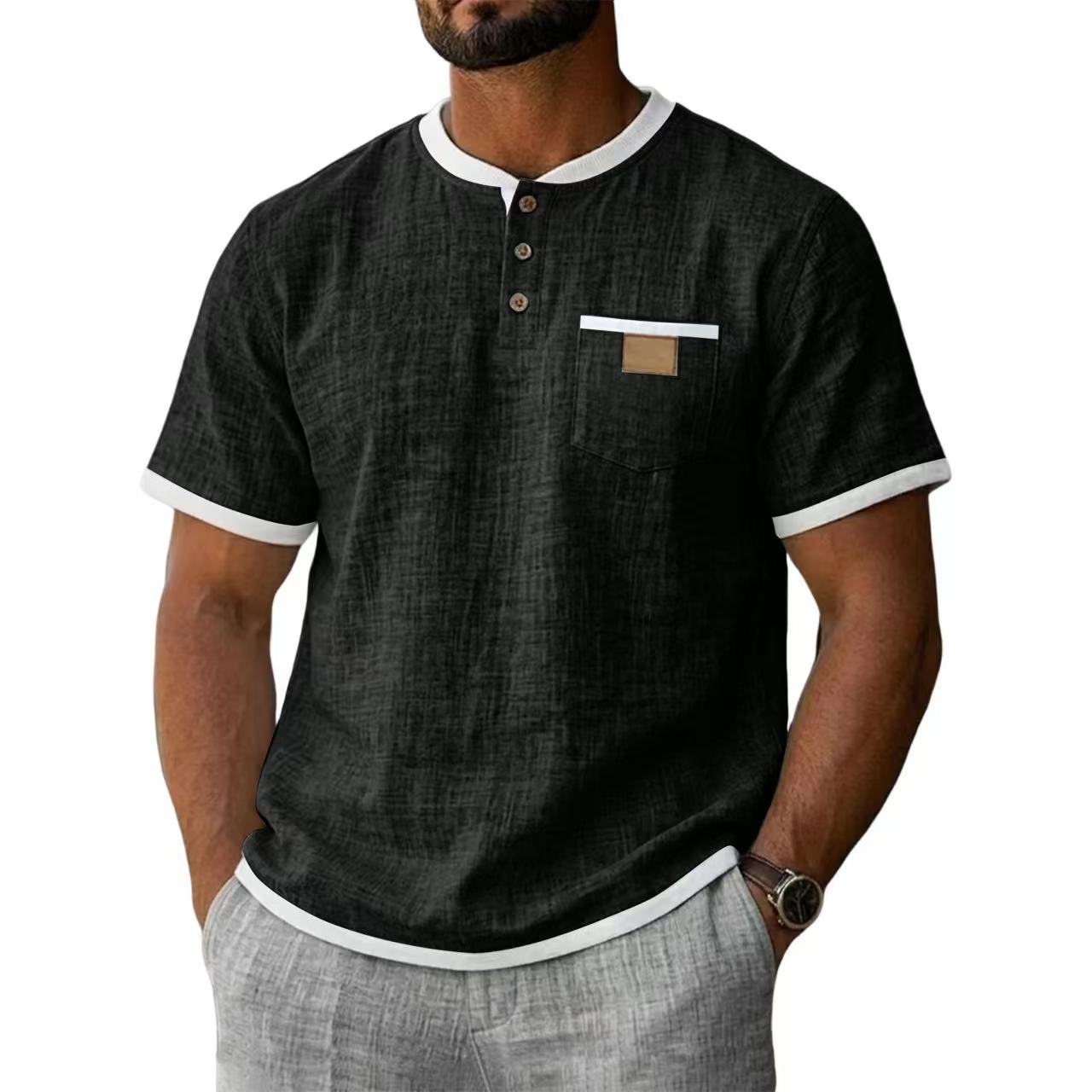 Contrast Trim Linen Henley 2 Piece Short Sleeve Outfit Set For Men