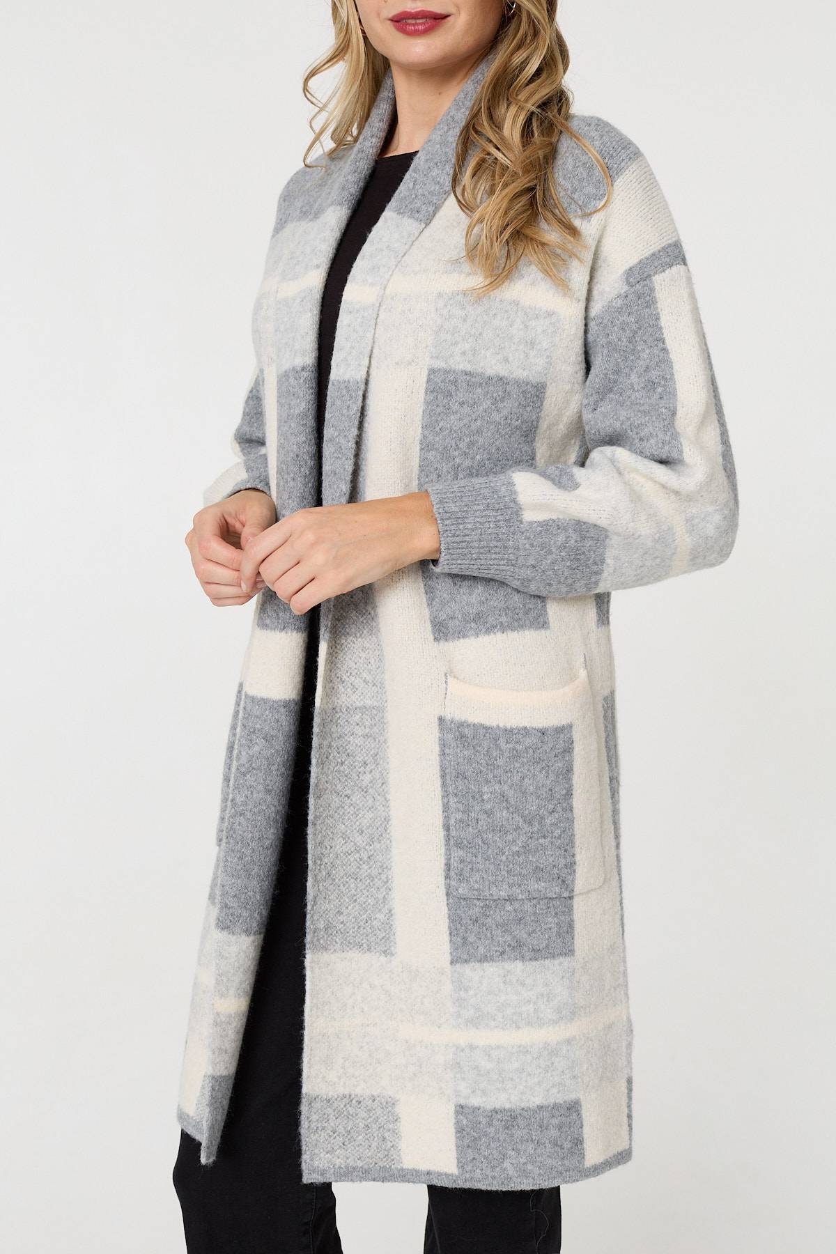 Checked Open Front Longline Cardigan