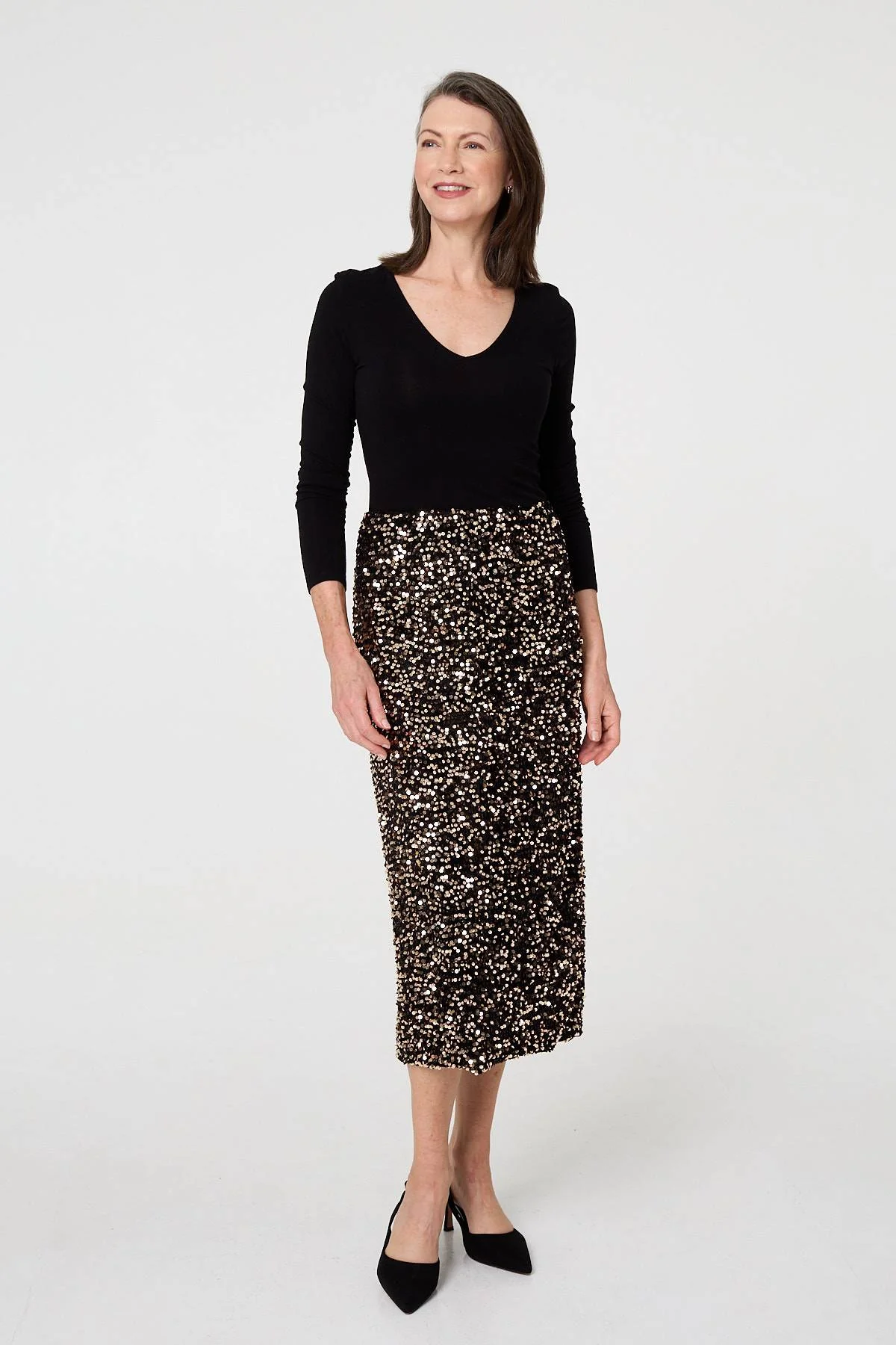 Sequin Embellished High Waist Midi Skirt