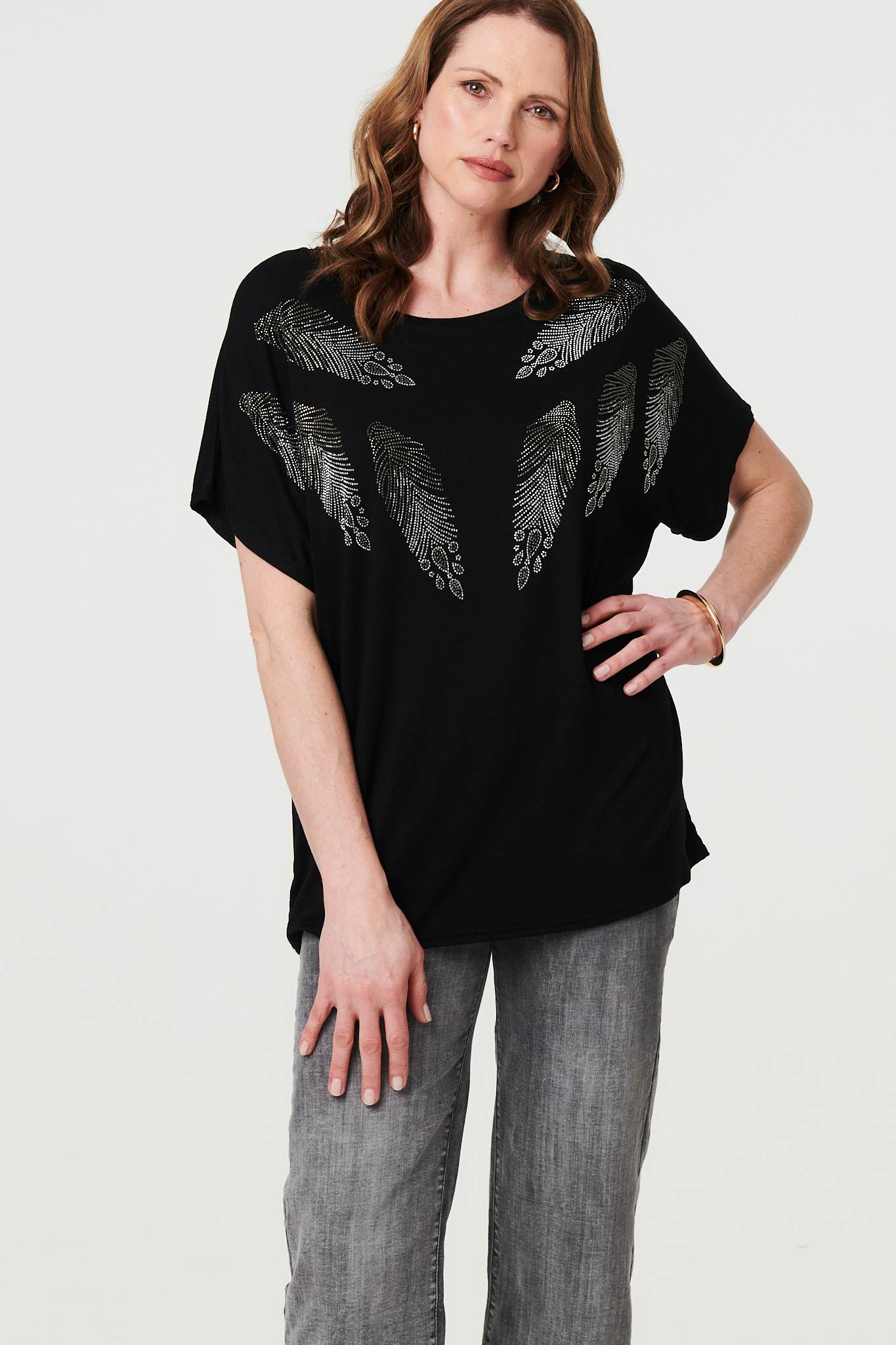 Sparkly Feather Print Relaxed T-Shirt