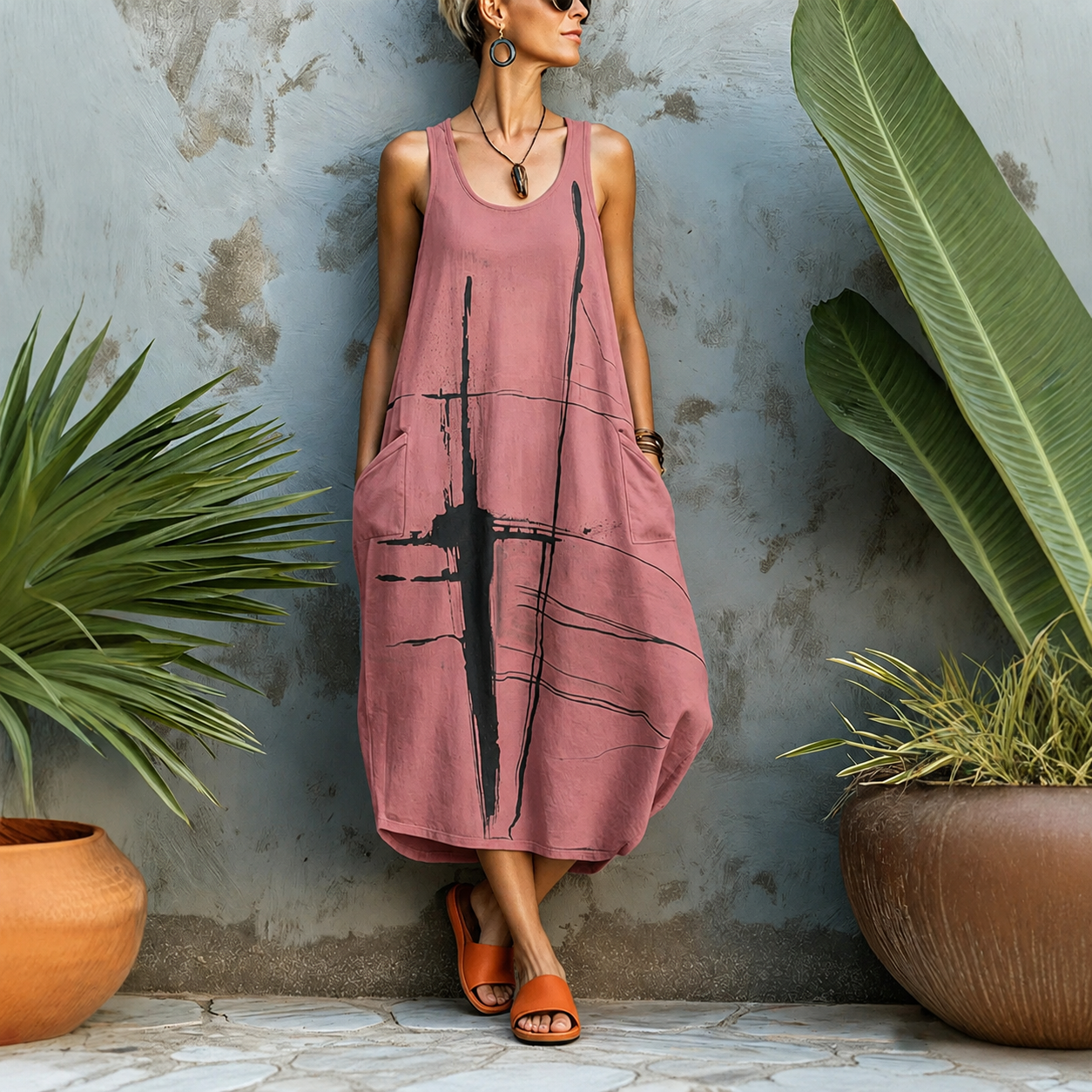 Casual Sleeveless Round Neck Regular Dress With Printing Pattern In Polyester Fabric