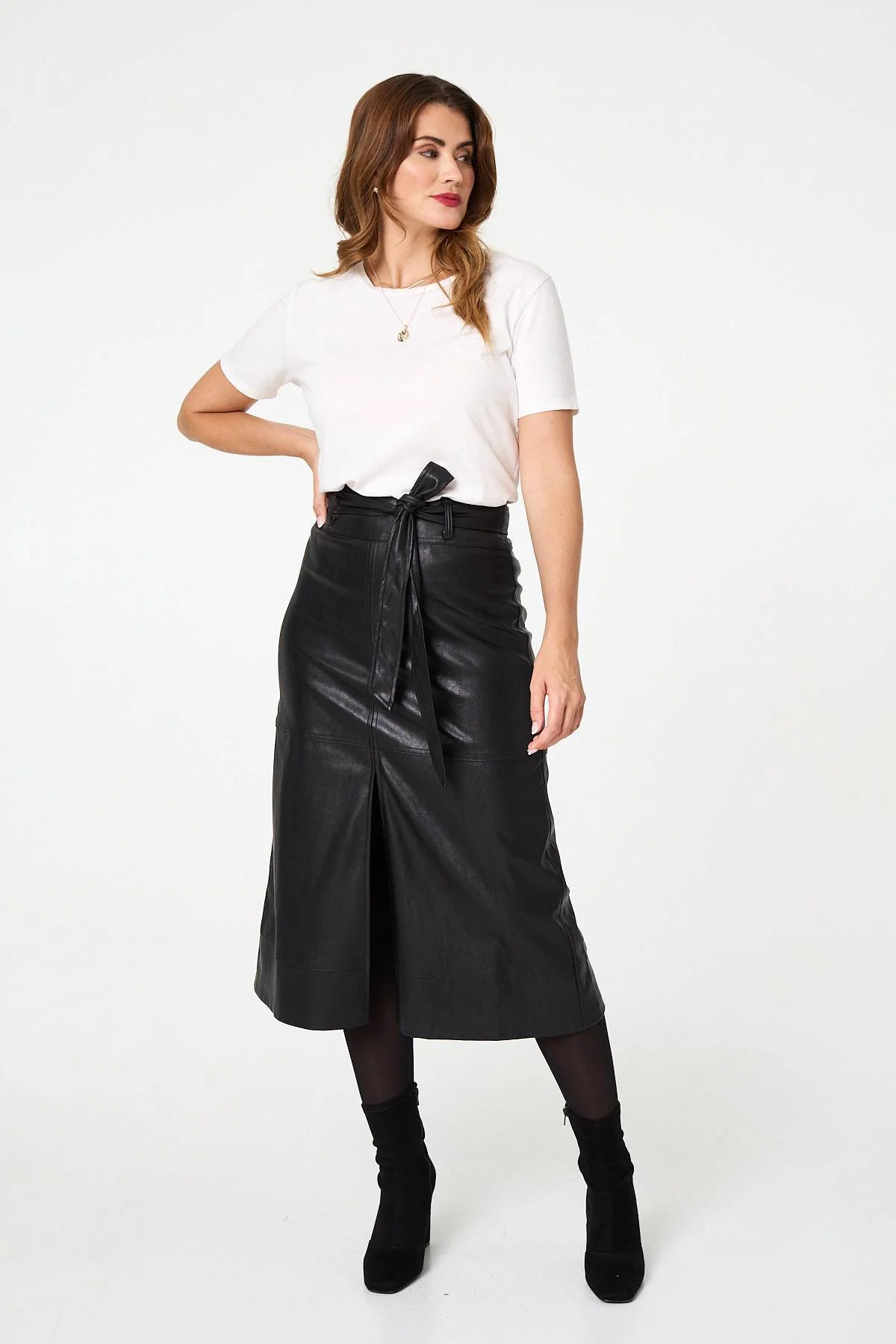 Faux Leather Tie Waist A-Line Midi Skirt