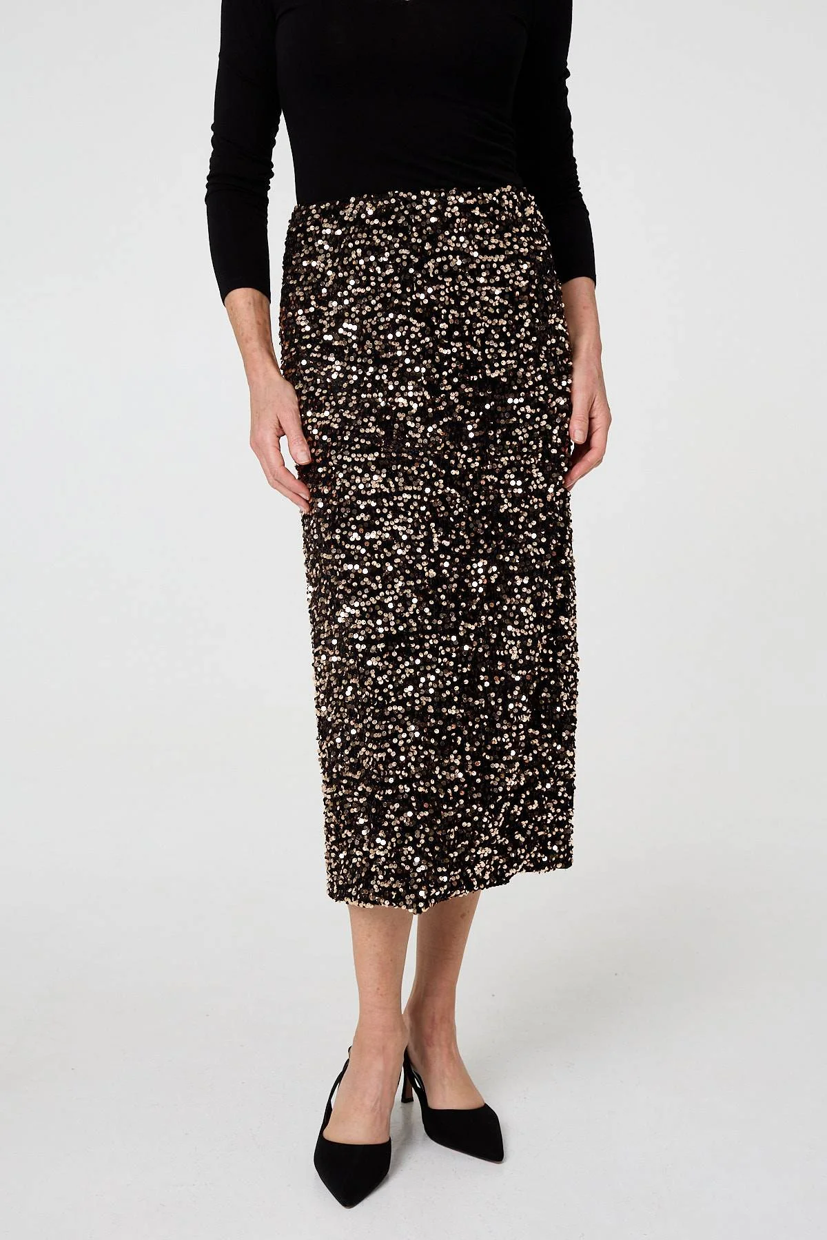Sequin Embellished High Waist Midi Skirt