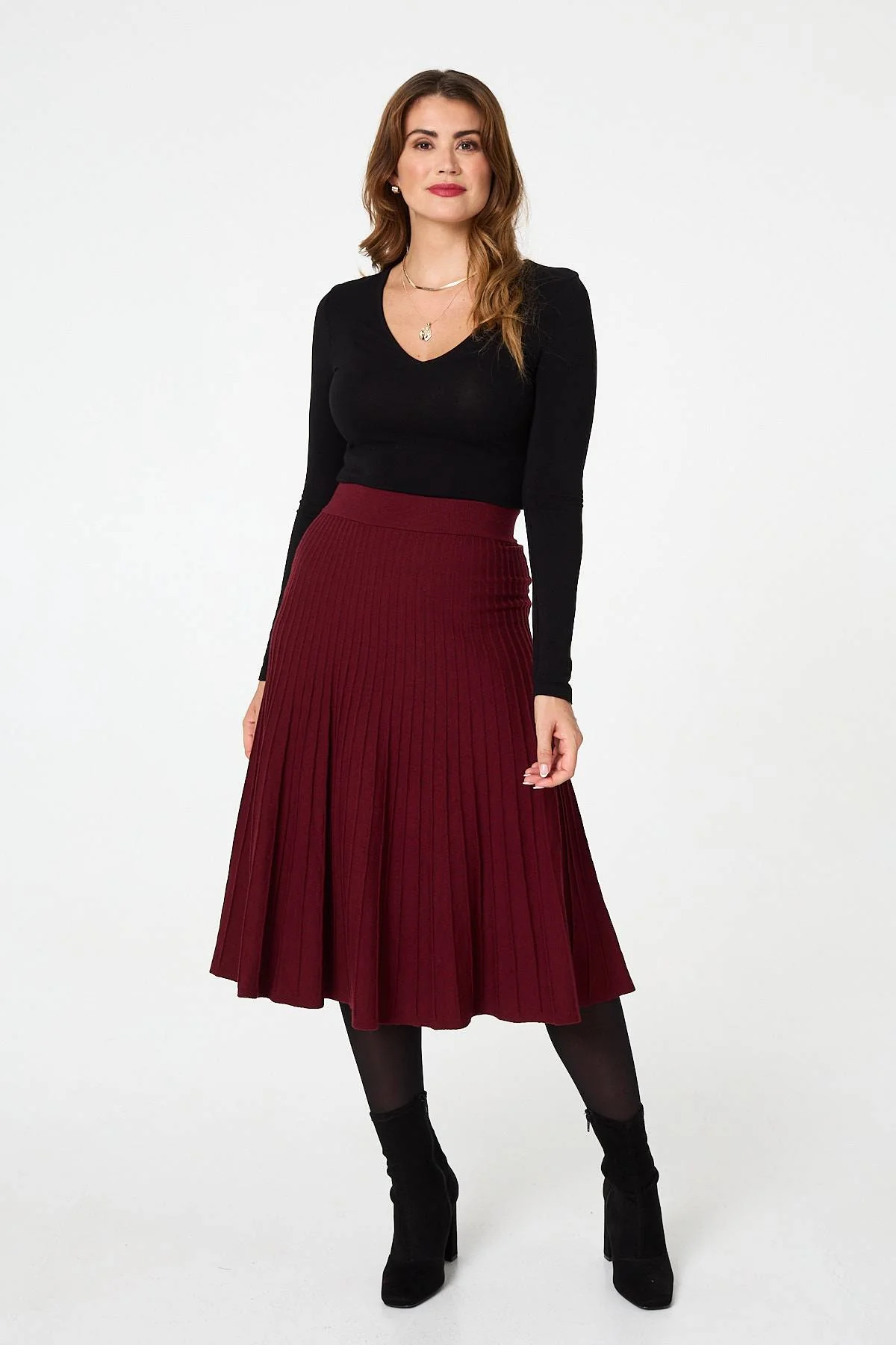 High Waist Pleated Knit Midi Skirt