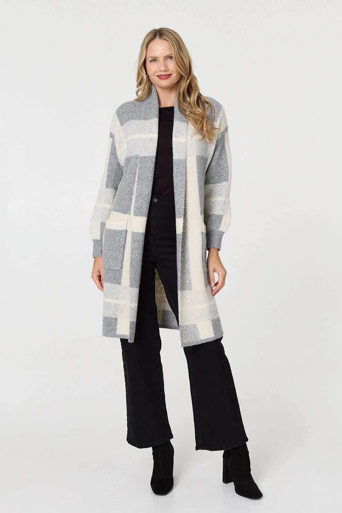 Checked Open Front Longline Cardigan