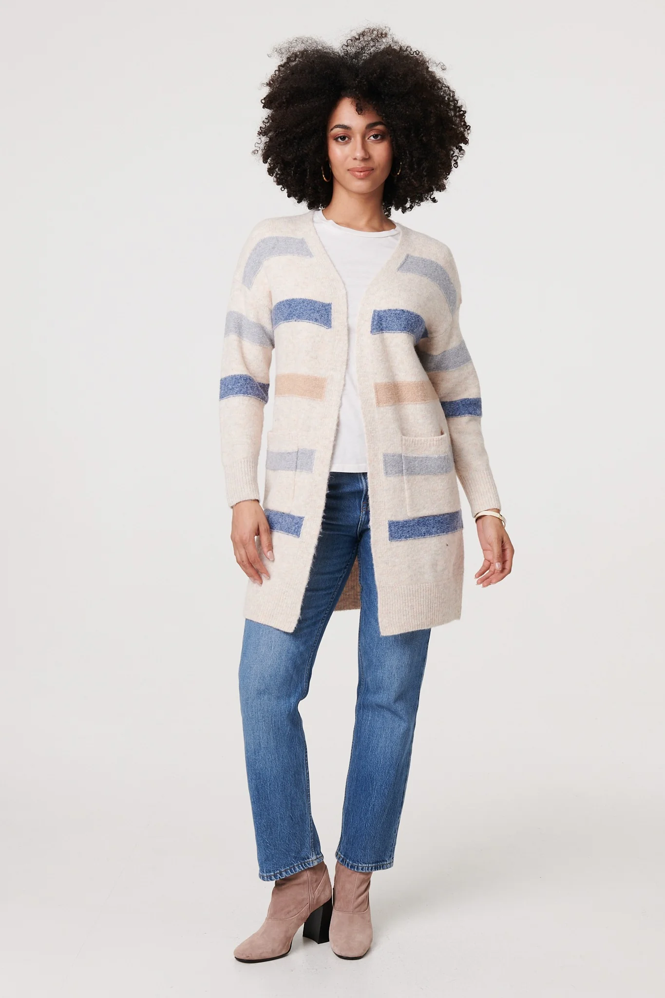 Striped V-Neck Longline Relaxed Cardigan