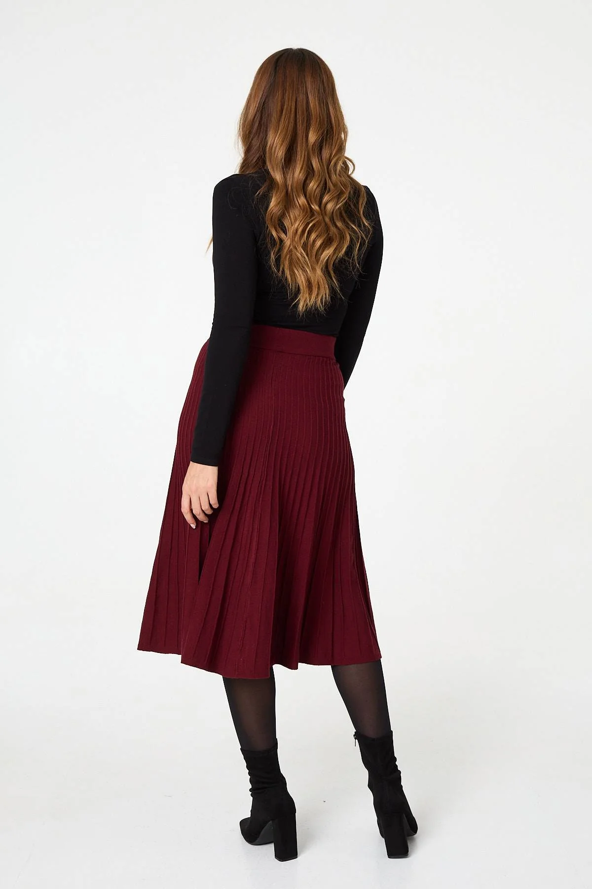High Waist Pleated Knit Midi Skirt