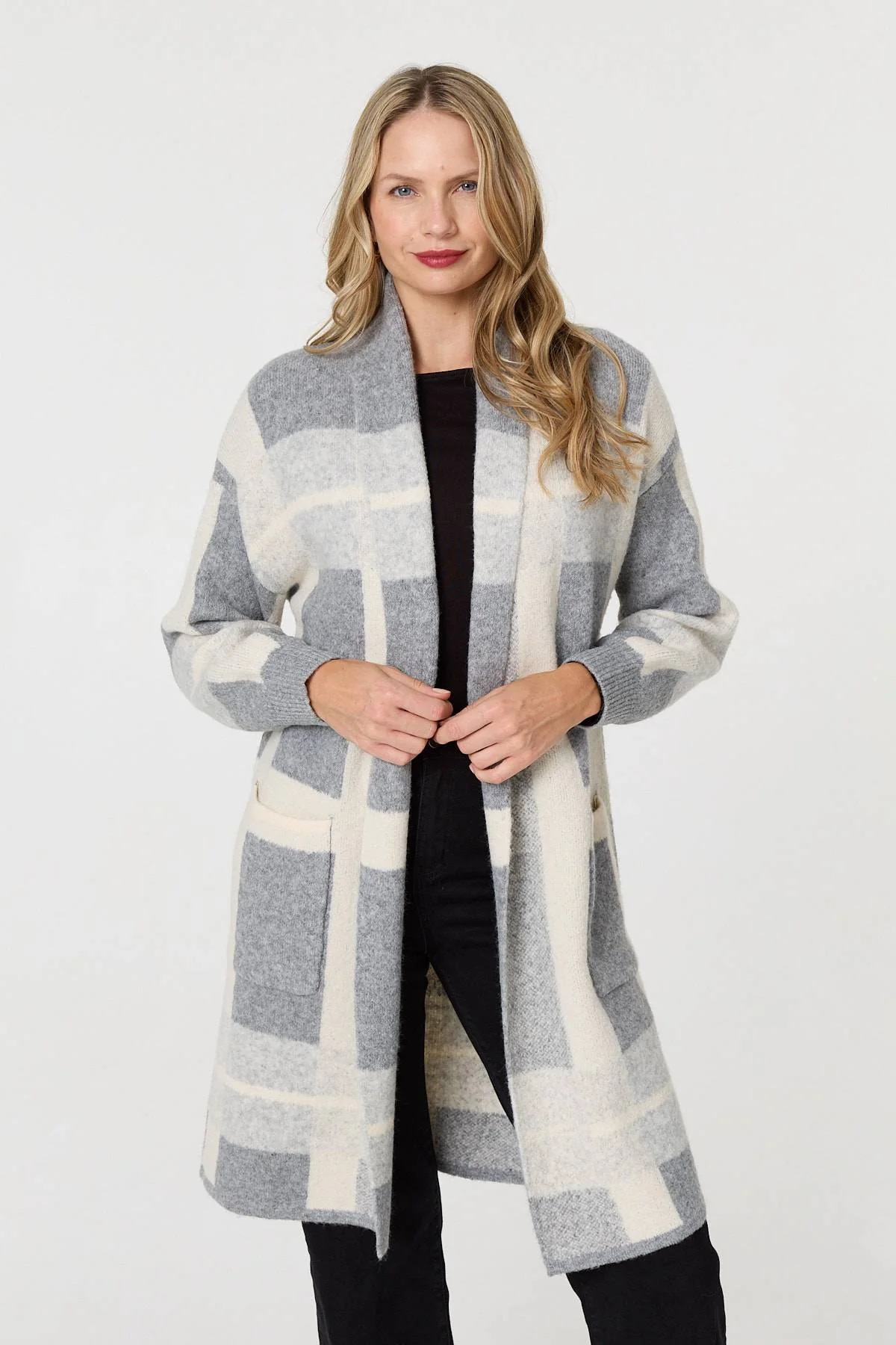 Checked Open Front Longline Cardigan