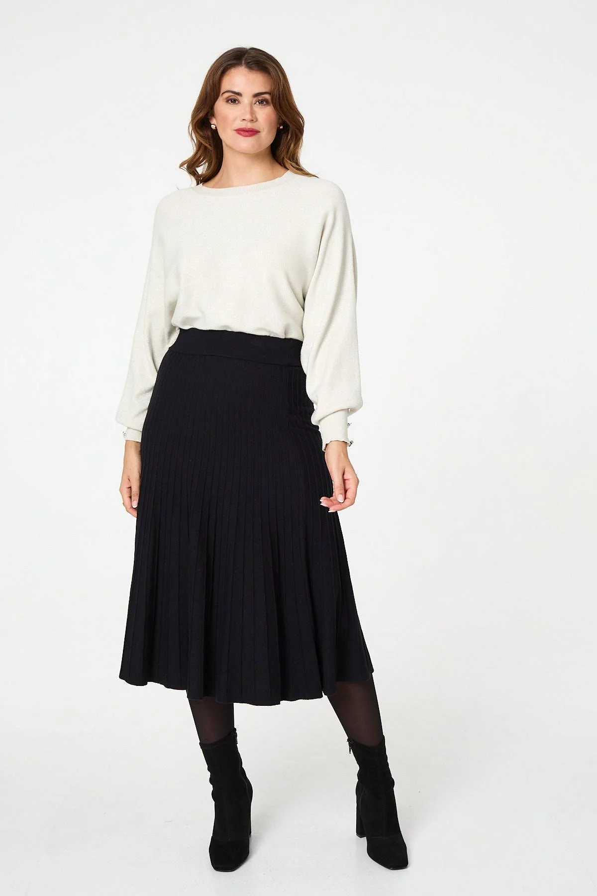 High Waist Pleated Knit Midi Skirt