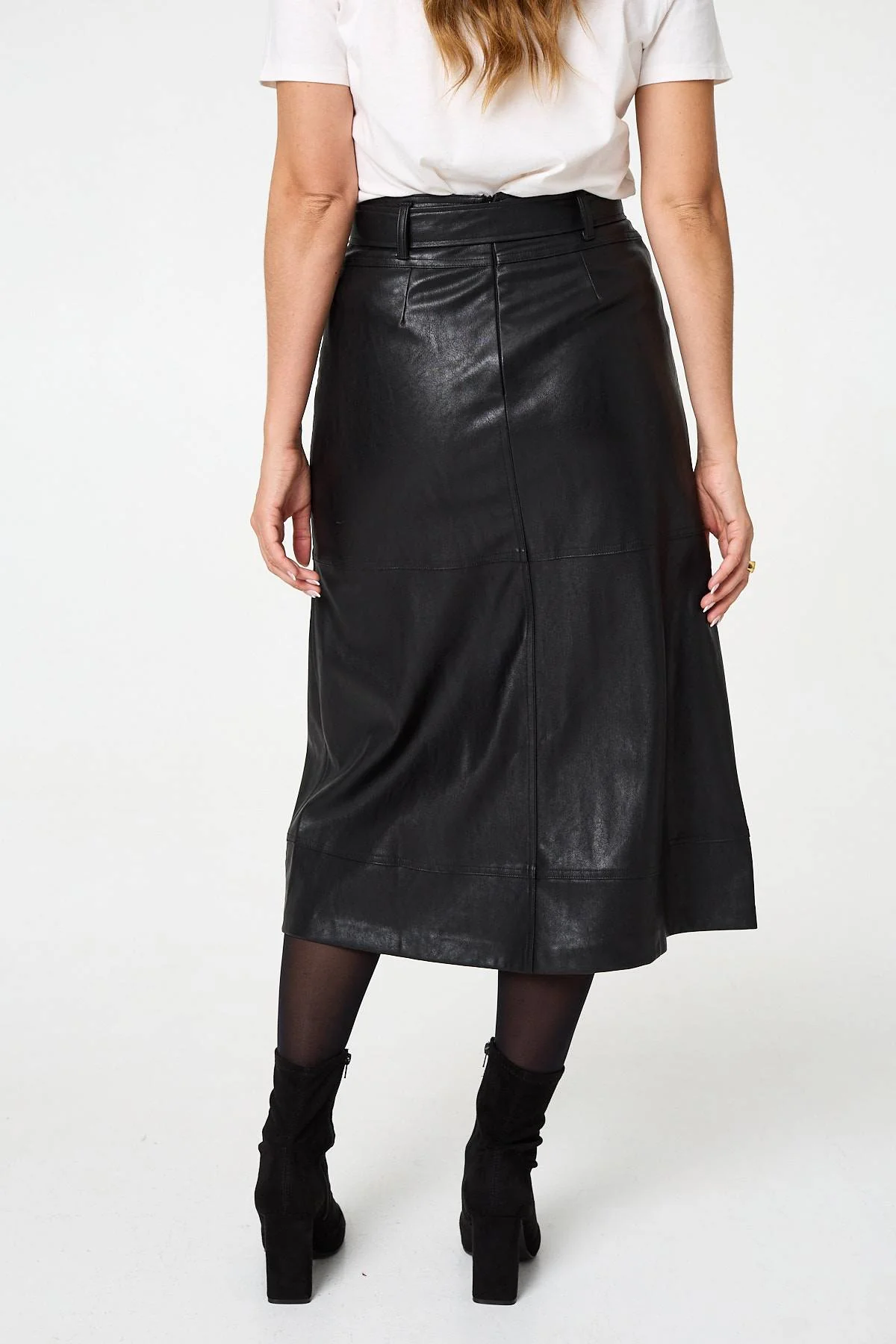 Faux Leather Tie Waist A-Line Midi Skirt