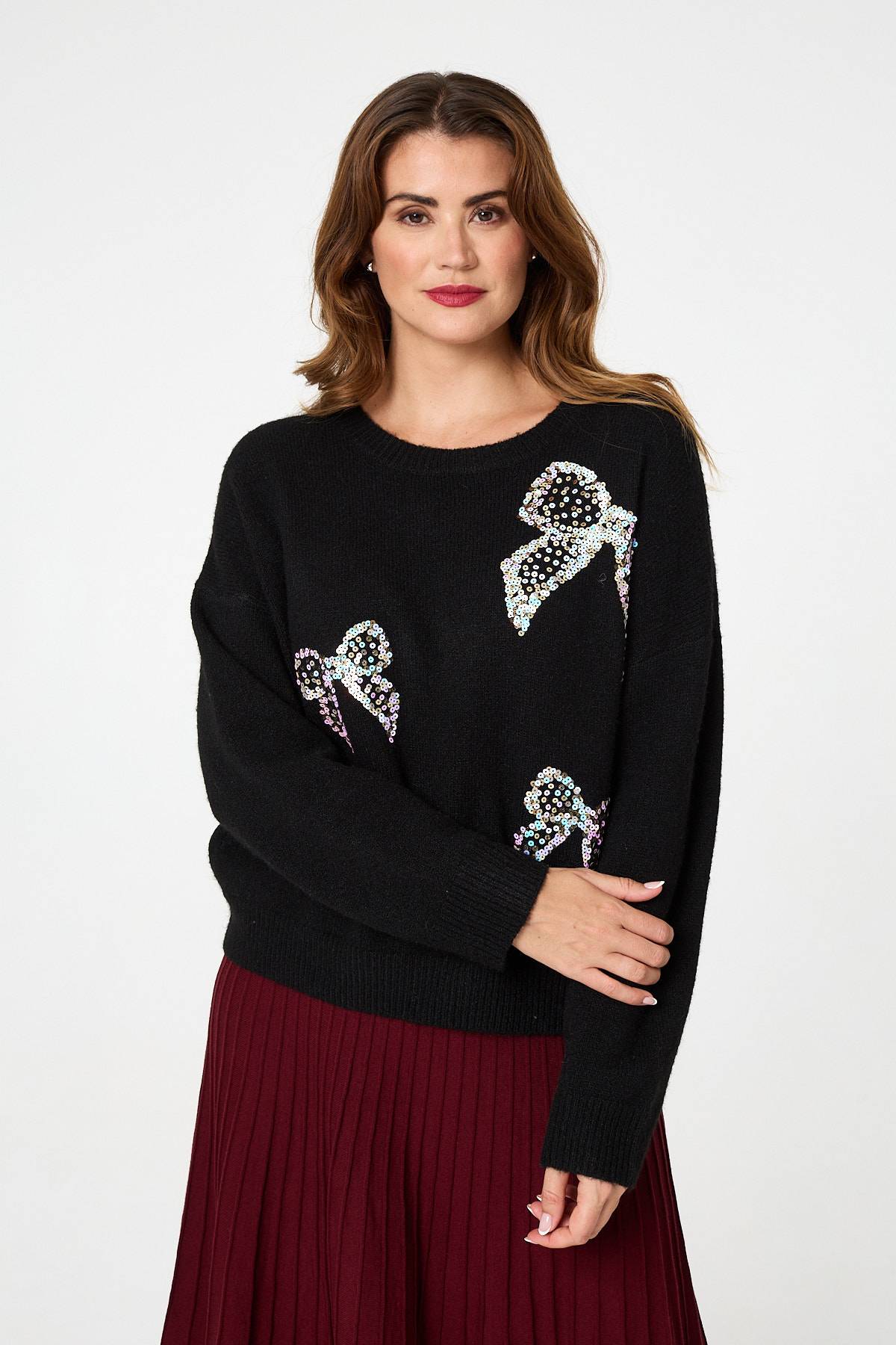 Sequin Bow Detail Drop Shoulder Jumper
