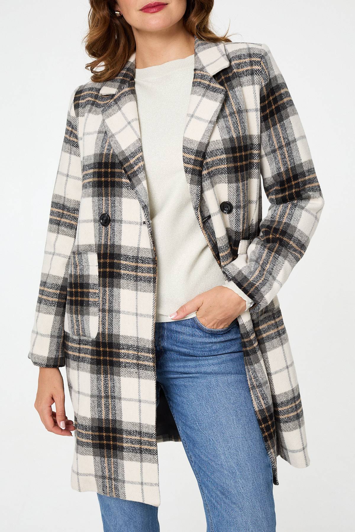 Checked Double Breasted Longline Coat