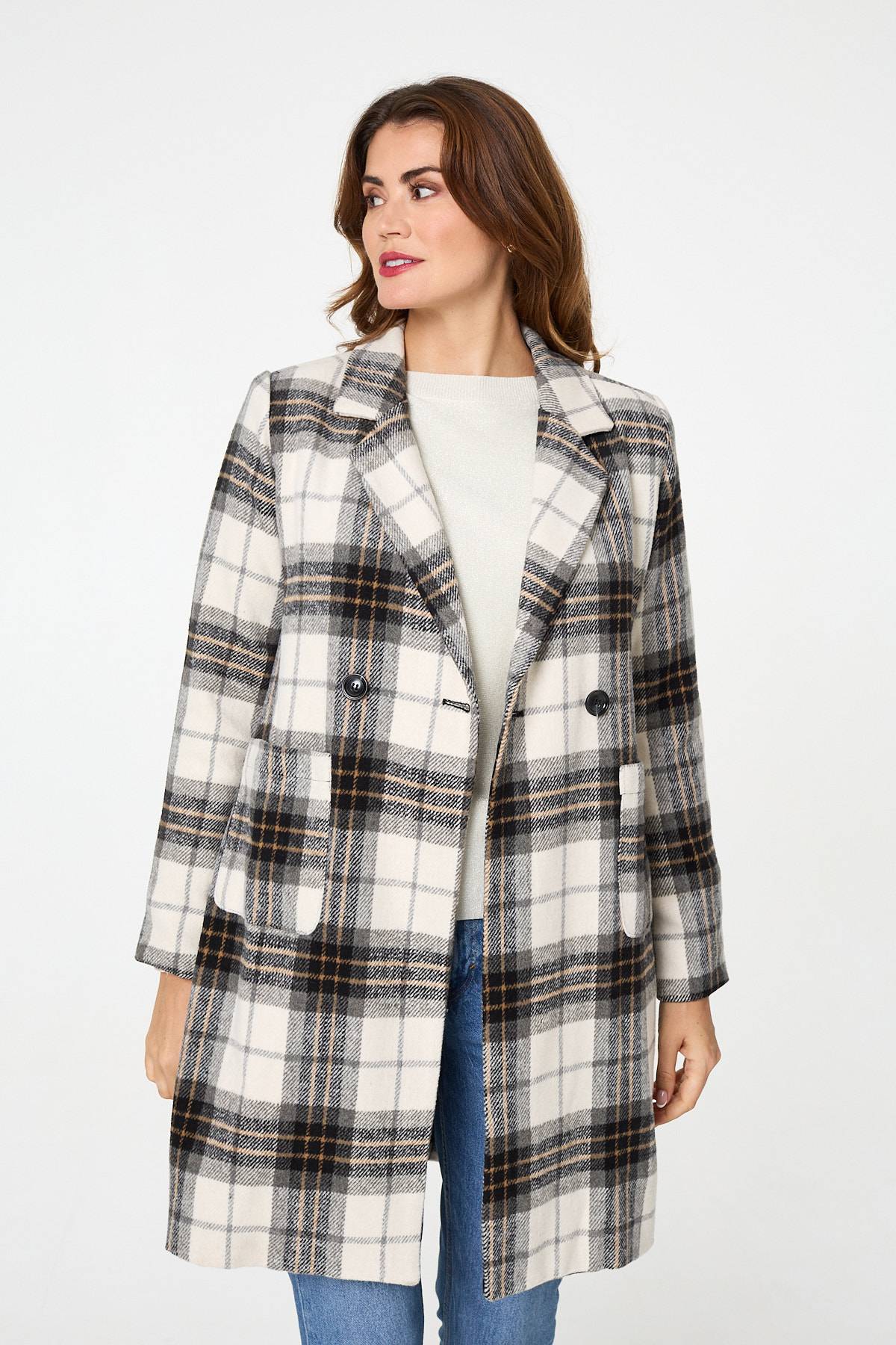 Checked Double Breasted Longline Coat