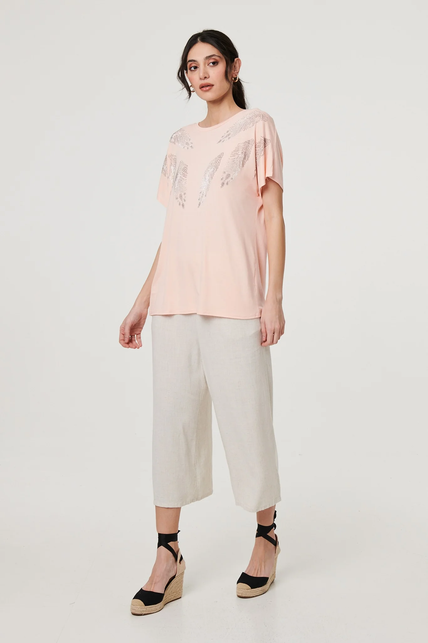 Sparkly Feather Print Relaxed T-Shirt