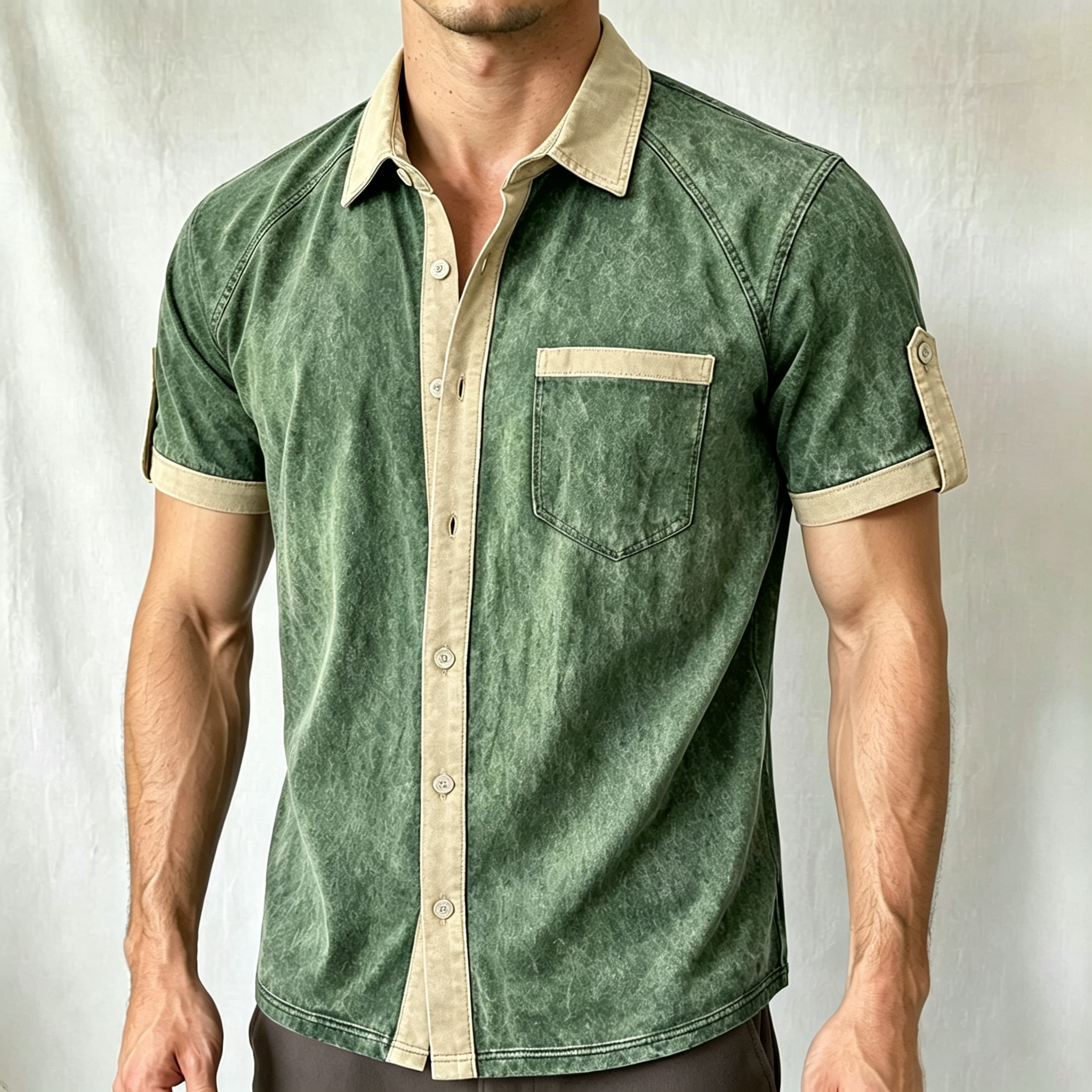 Vintage Washed Contrast Trim Pocket Short Sleeve Shirt For Men