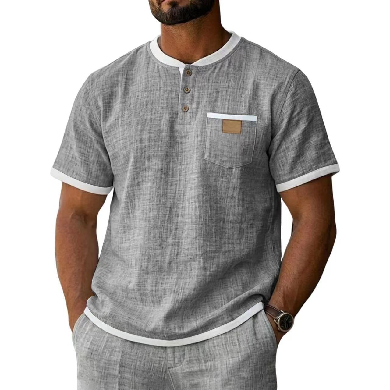 Contrast Trim Linen Henley 2 Piece Short Sleeve Outfit Set For Men