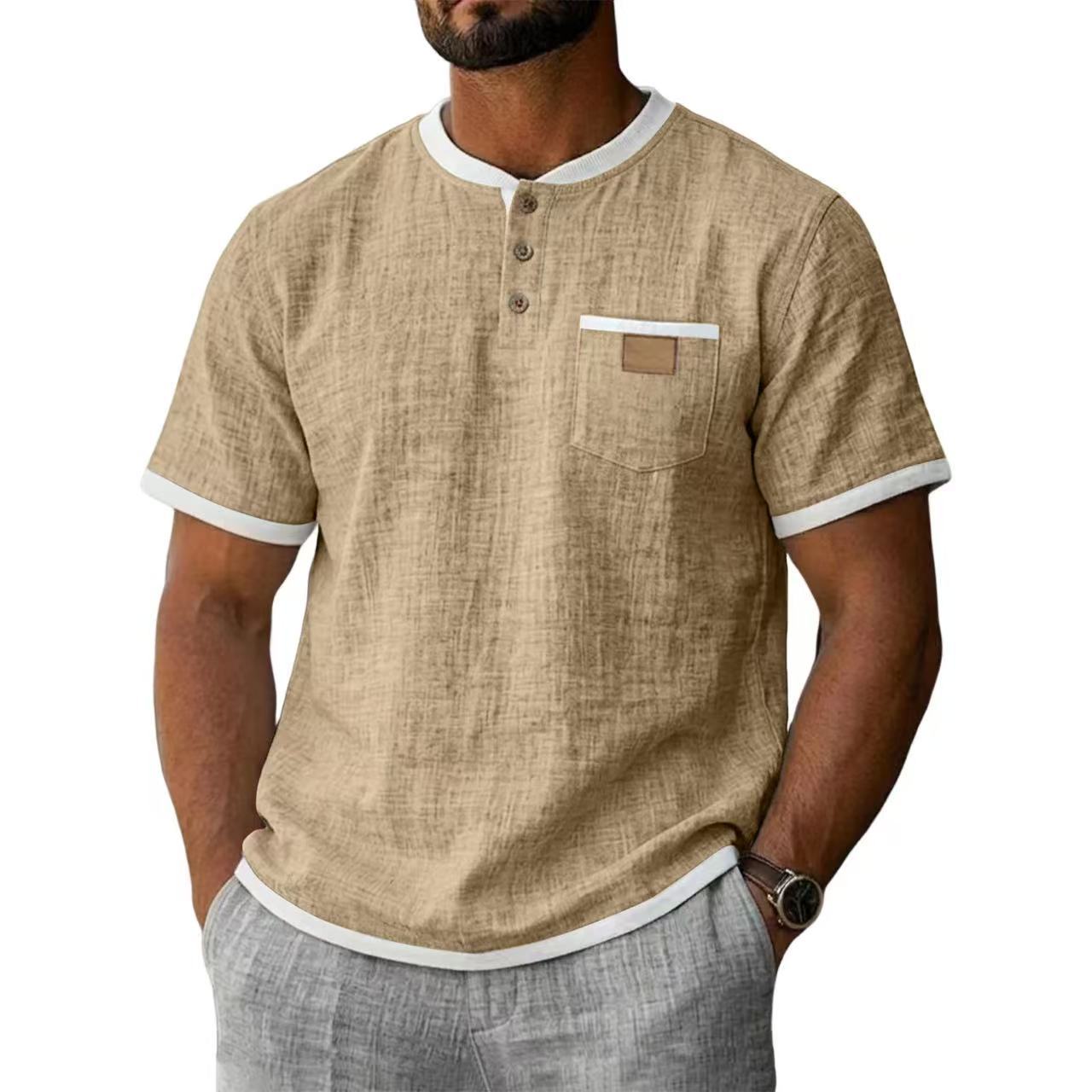 Contrast Trim Linen Henley 2 Piece Short Sleeve Outfit Set For Men