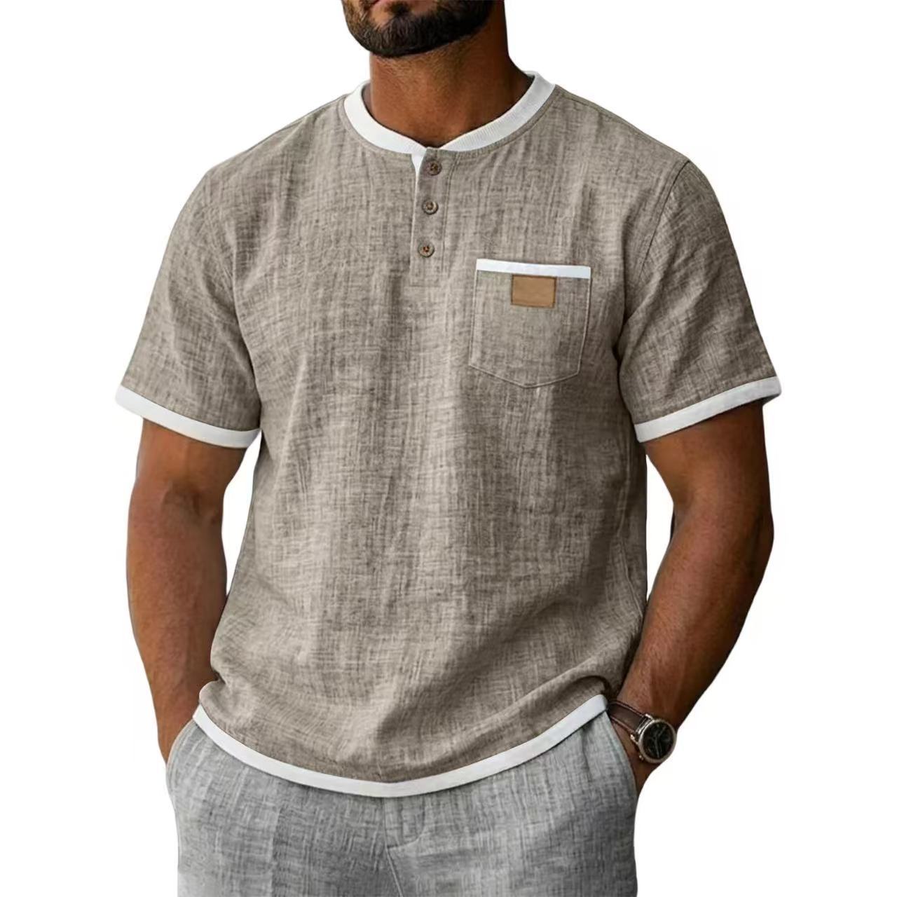 Contrast Trim Linen Henley 2 Piece Short Sleeve Outfit Set For Men