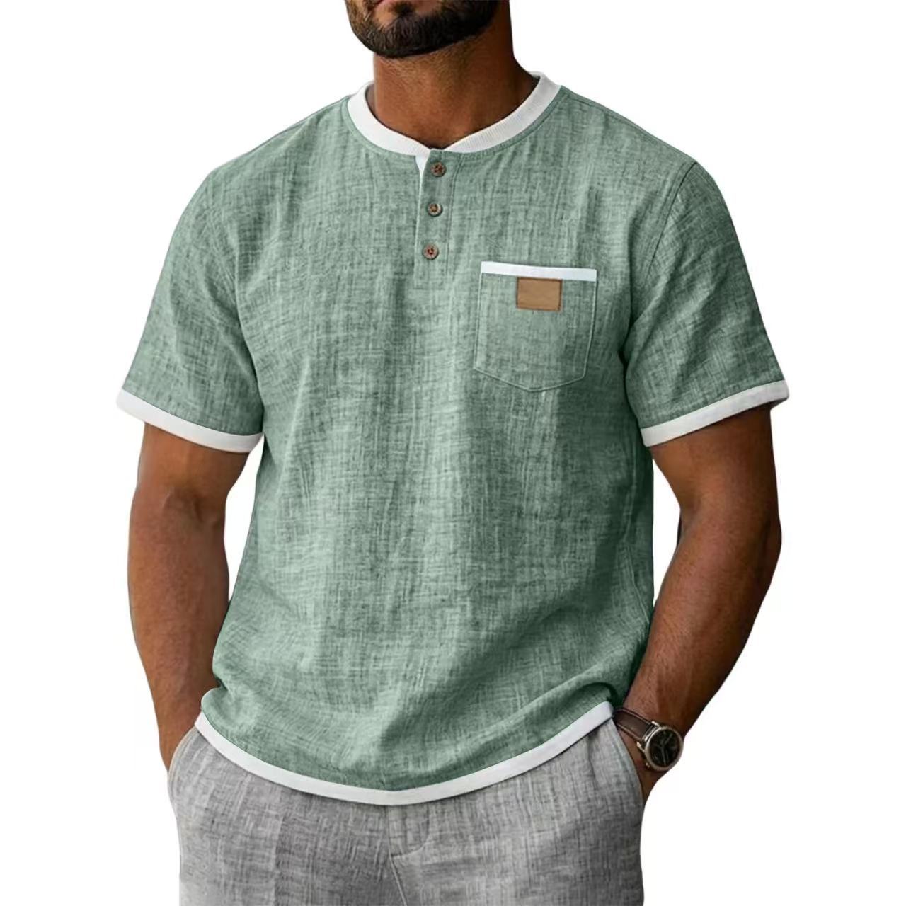 Contrast Trim Linen Henley 2 Piece Short Sleeve Outfit Set For Men