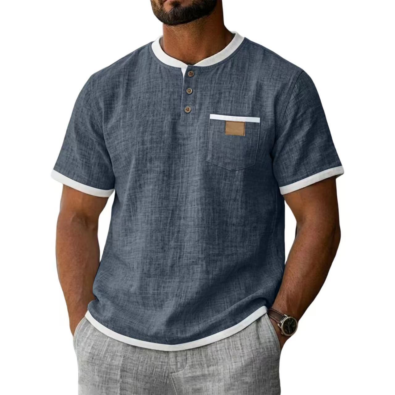 Contrast Trim Linen Henley 2 Piece Short Sleeve Outfit Set For Men