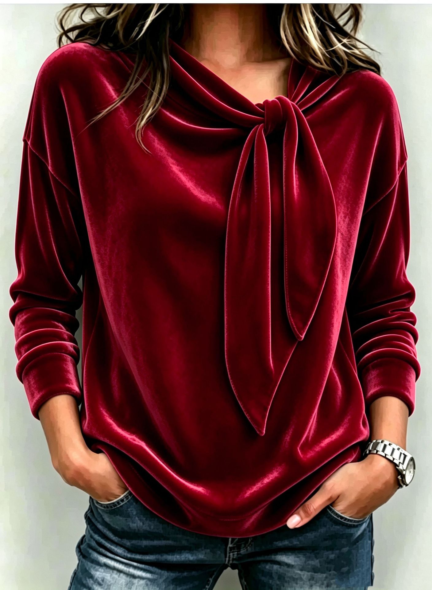 Women's Velvet Bow-Neck Long Sleeve Top