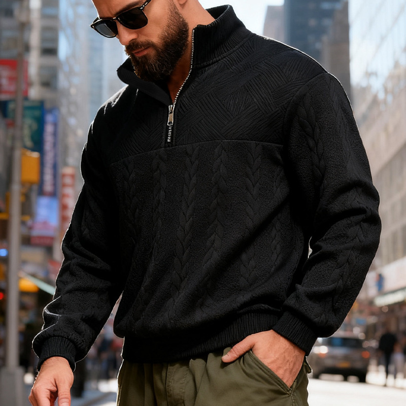 Men's Cable-Knit Quarter-Zip Stand-Collar Sweater