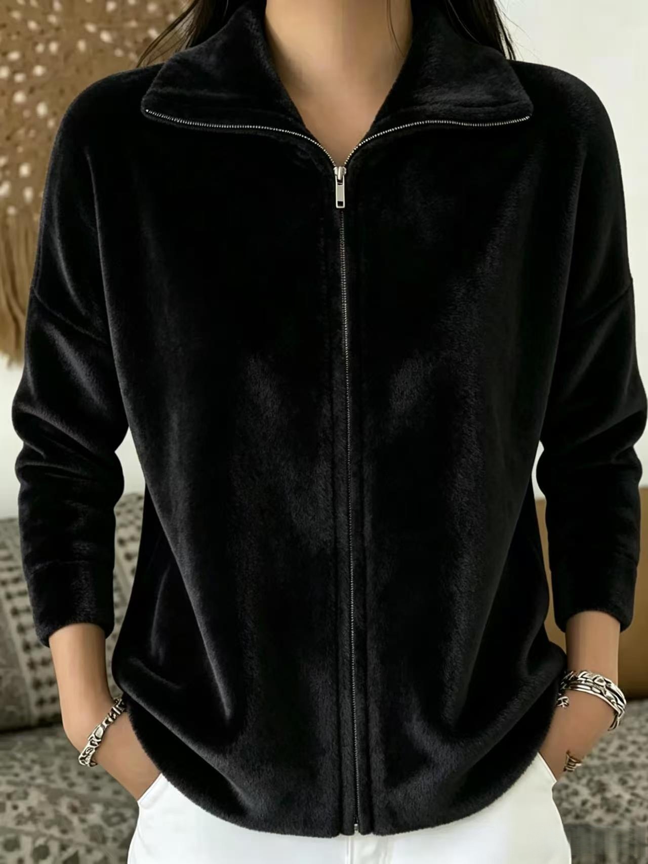 Women's Plush-Texture Full-Zip Stand Collar Jacket - Black