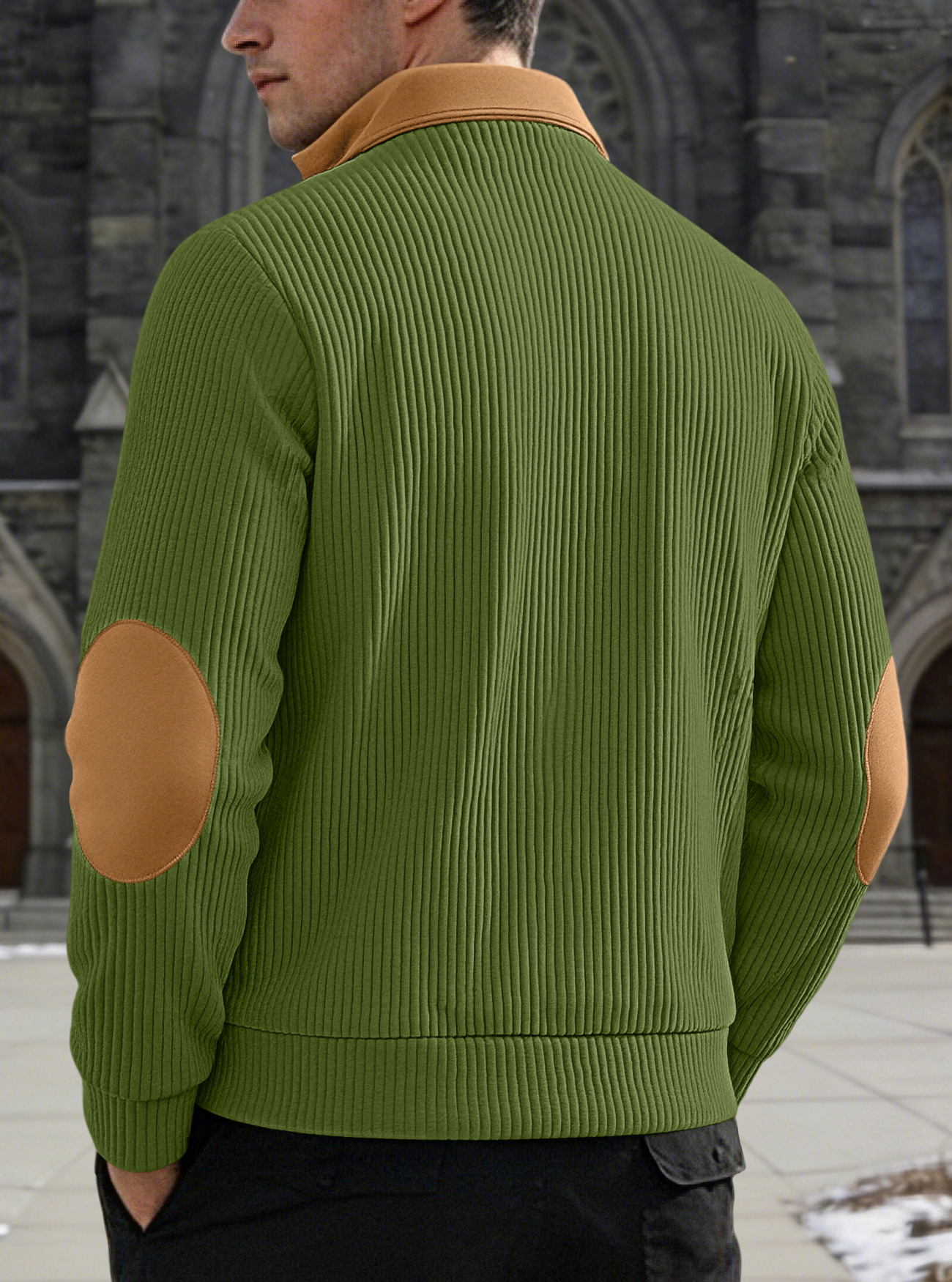 Men's Contrast-Yoke Half-Zip Corduroy Pullover with Elbow Patches