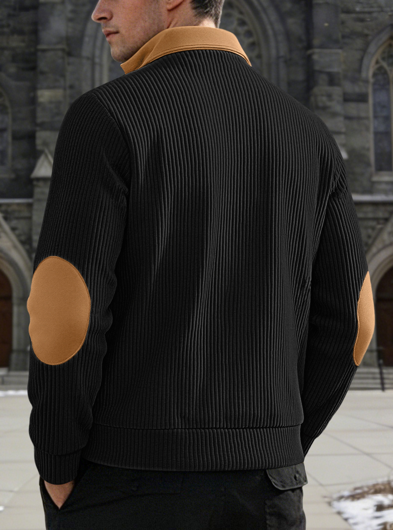 Men's Contrast-Yoke Half-Zip Corduroy Pullover with Elbow Patches