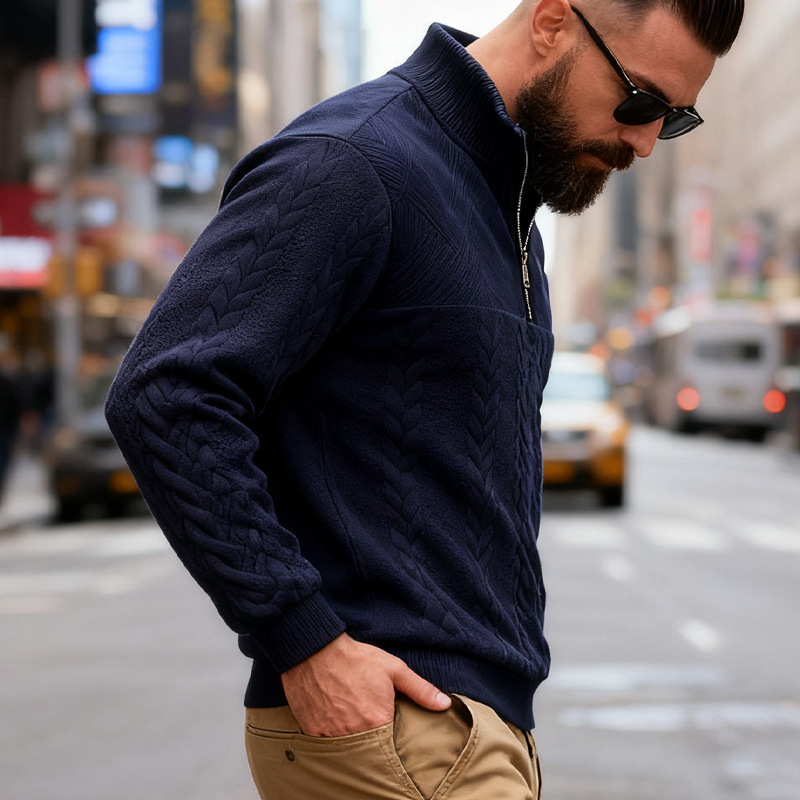 Men's Cable-Knit Quarter-Zip Stand-Collar Sweater