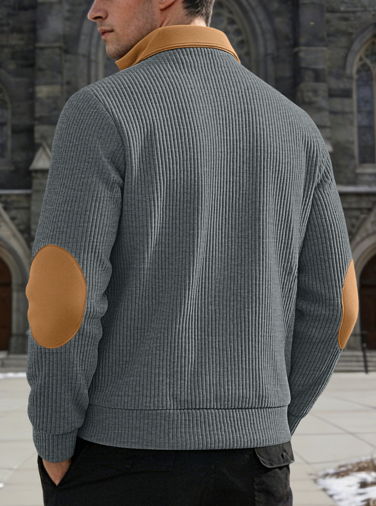 Men's Contrast-Yoke Half-Zip Corduroy Pullover with Elbow Patches