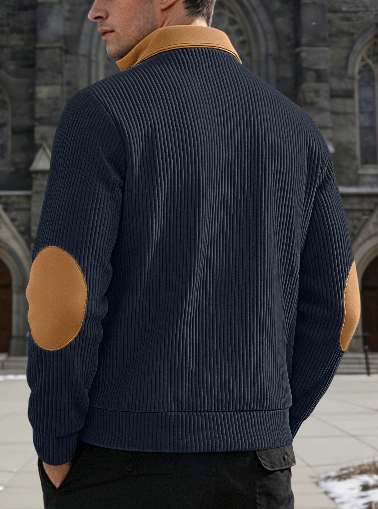 Men's Contrast-Yoke Half-Zip Corduroy Pullover with Elbow Patches