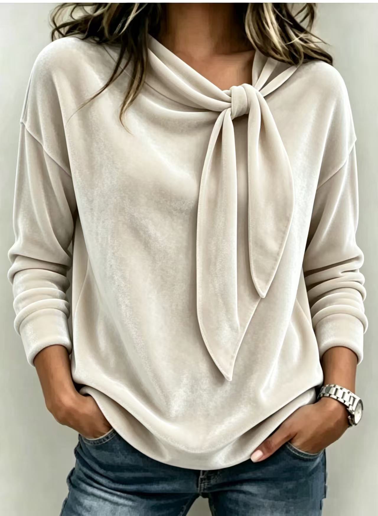 Women's Velvet Bow-Neck Long Sleeve Top