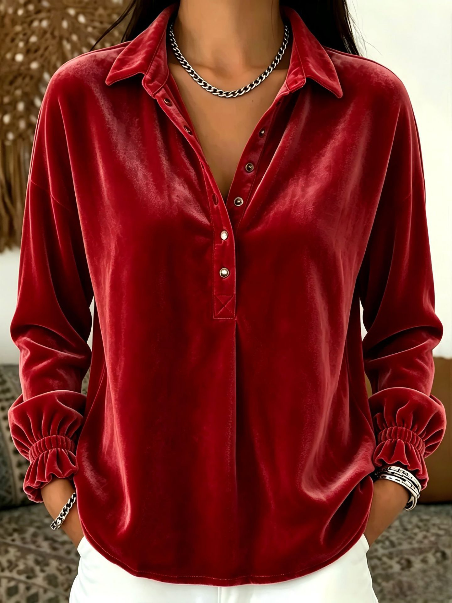 Women's Velvet-Look Metal Snap Collar Blouse - Red