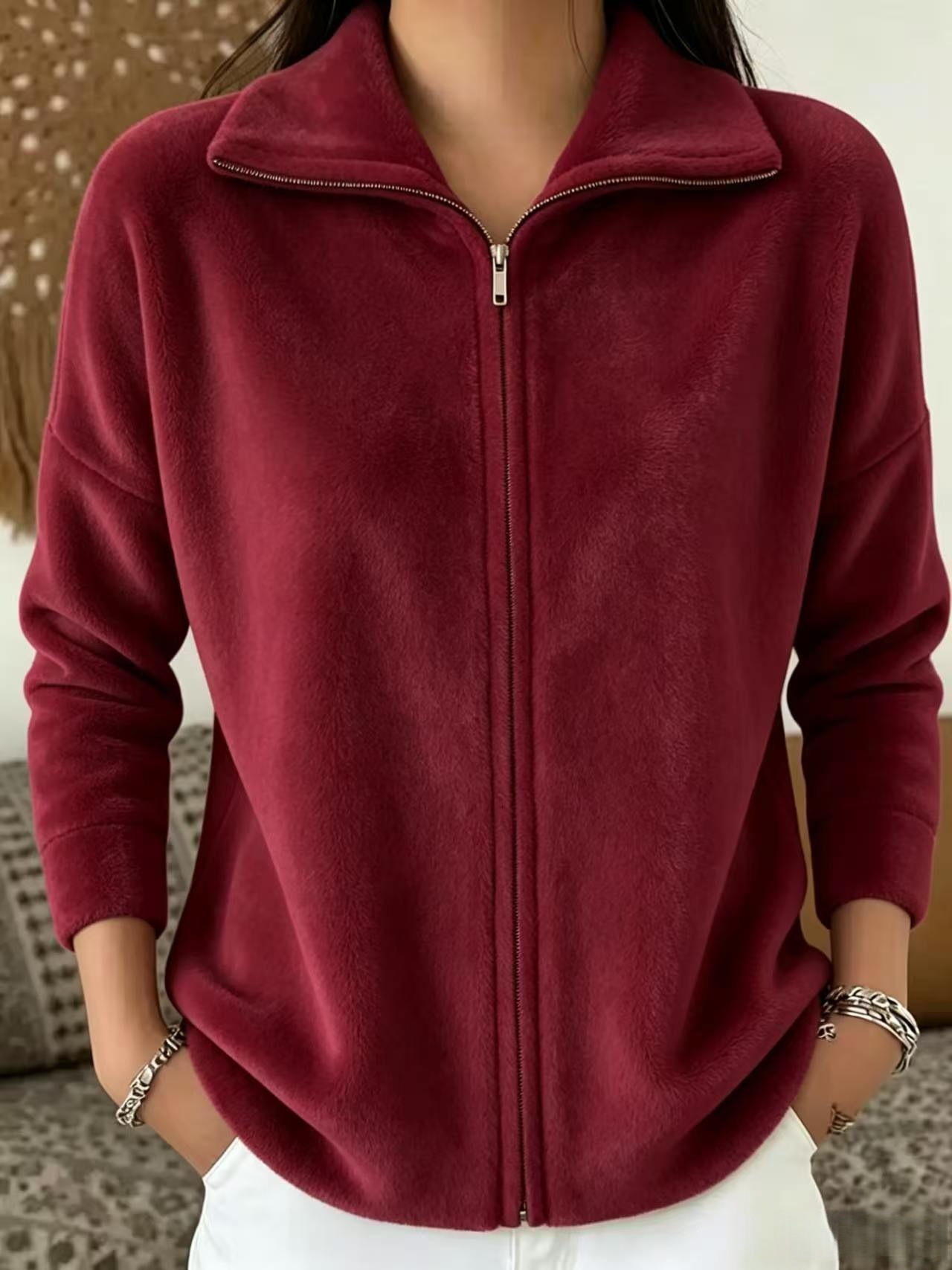Women's Plush-Texture Full-Zip Stand Collar Jacket - Burgundy