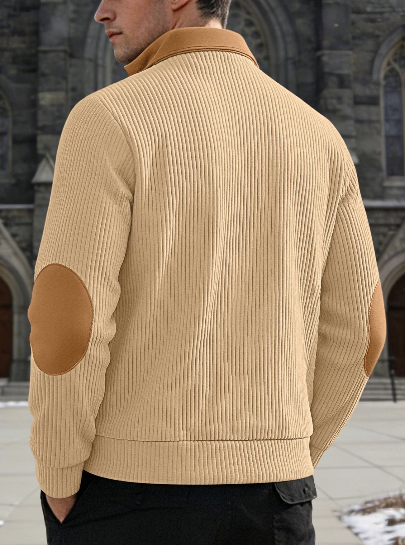 Men's Contrast-Yoke Half-Zip Corduroy Pullover with Elbow Patches