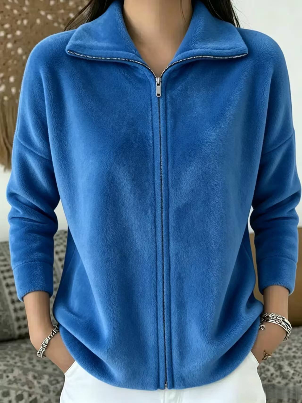 Women's Plush-Texture Full-Zip Stand Collar Jacket - Bright Blue