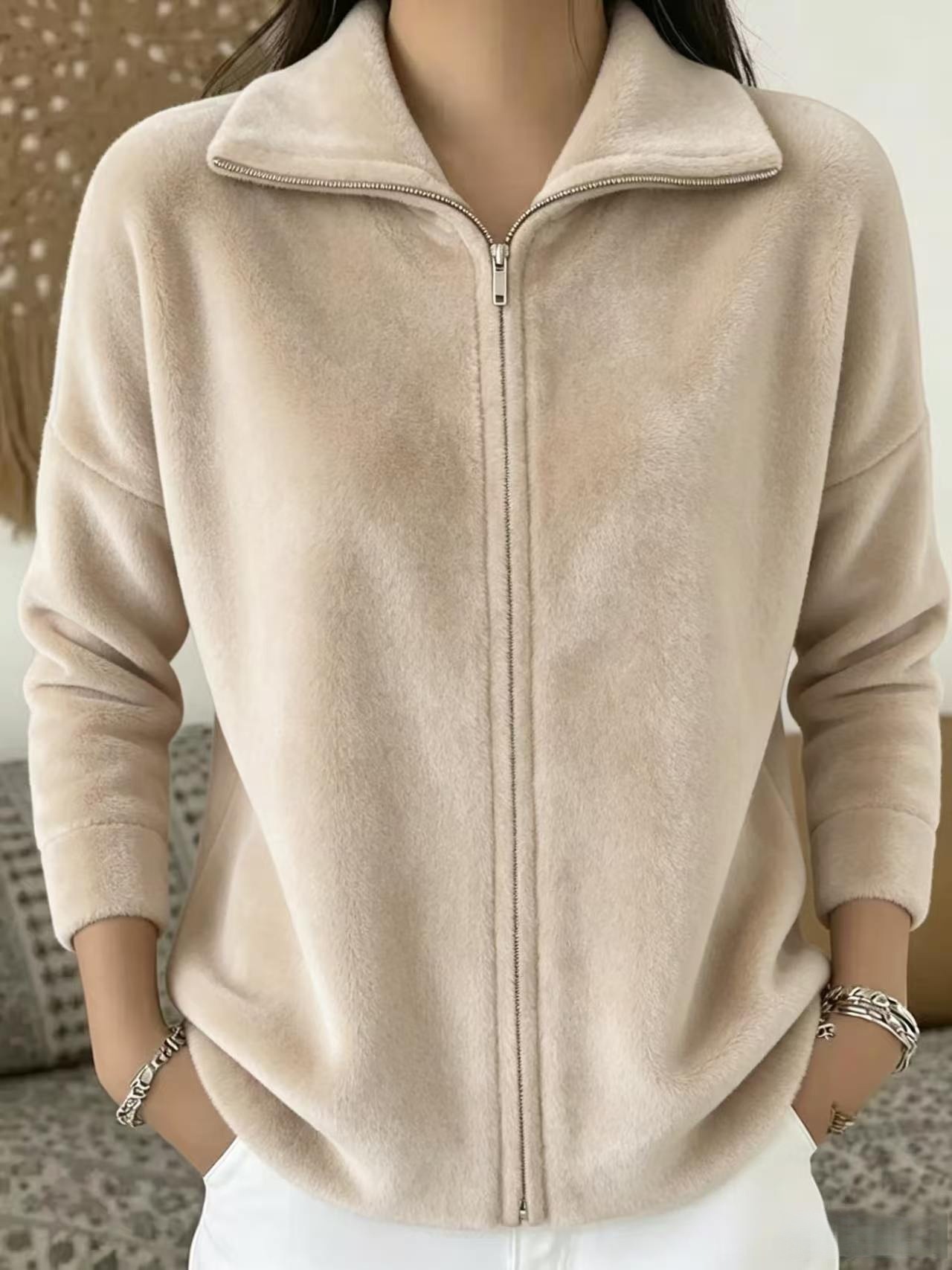 Women's Plush-Texture Full-Zip Stand Collar Jacket - Beige