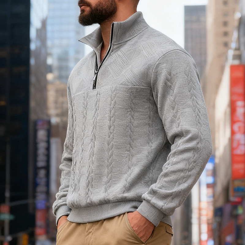 Men's Cable-Knit Quarter-Zip Stand-Collar Sweater
