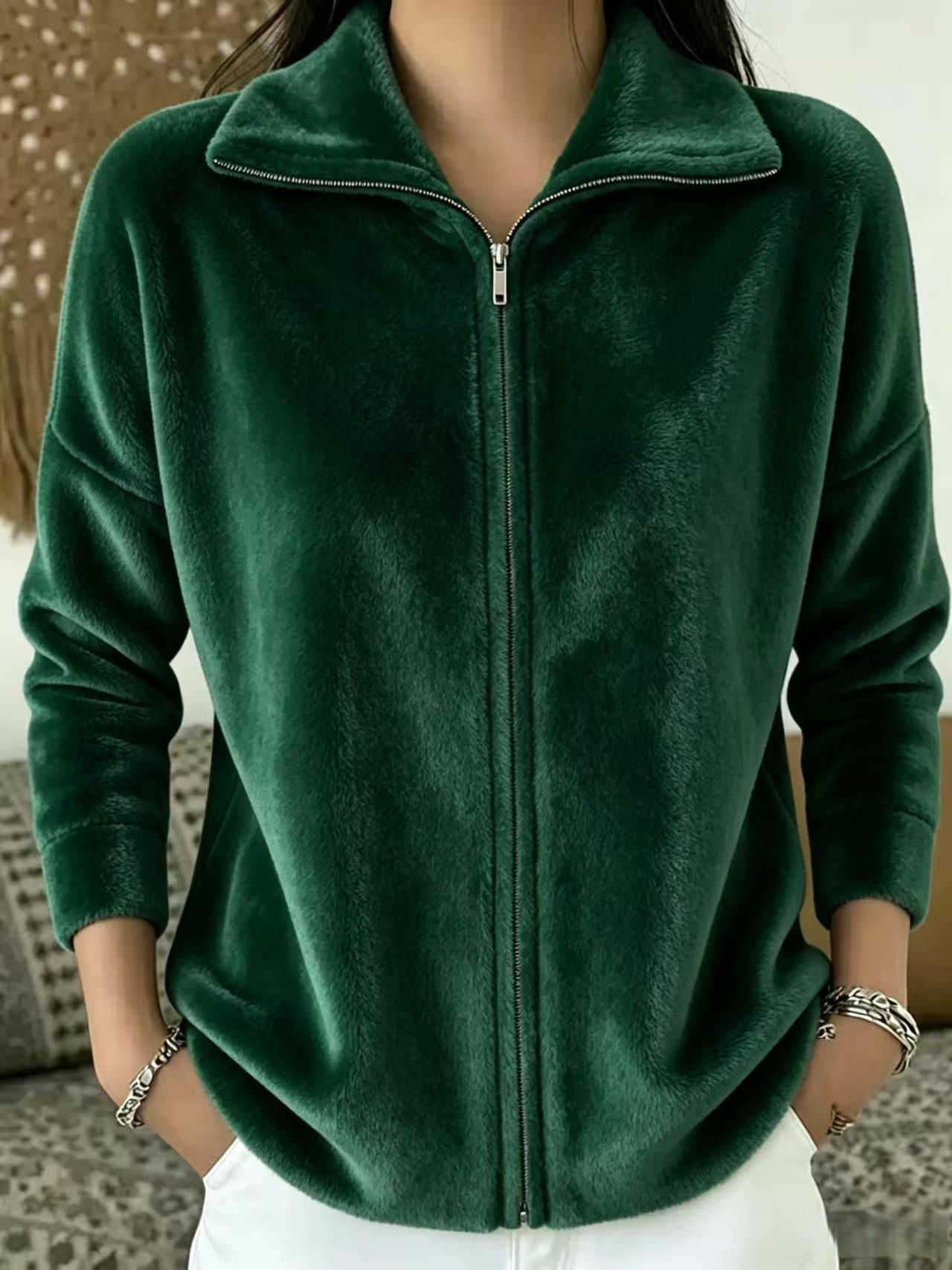 Women's Plush-Texture Full-Zip Stand Collar Jacket - Forest Green