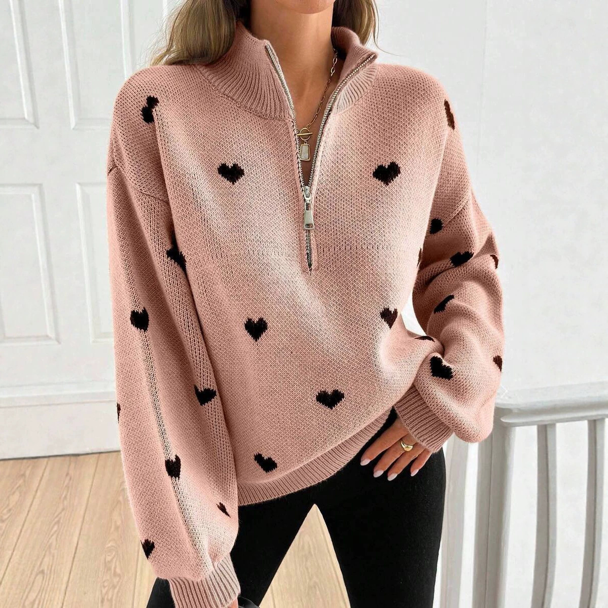 Women's Heart-Motif Half-Zip Knit Sweater