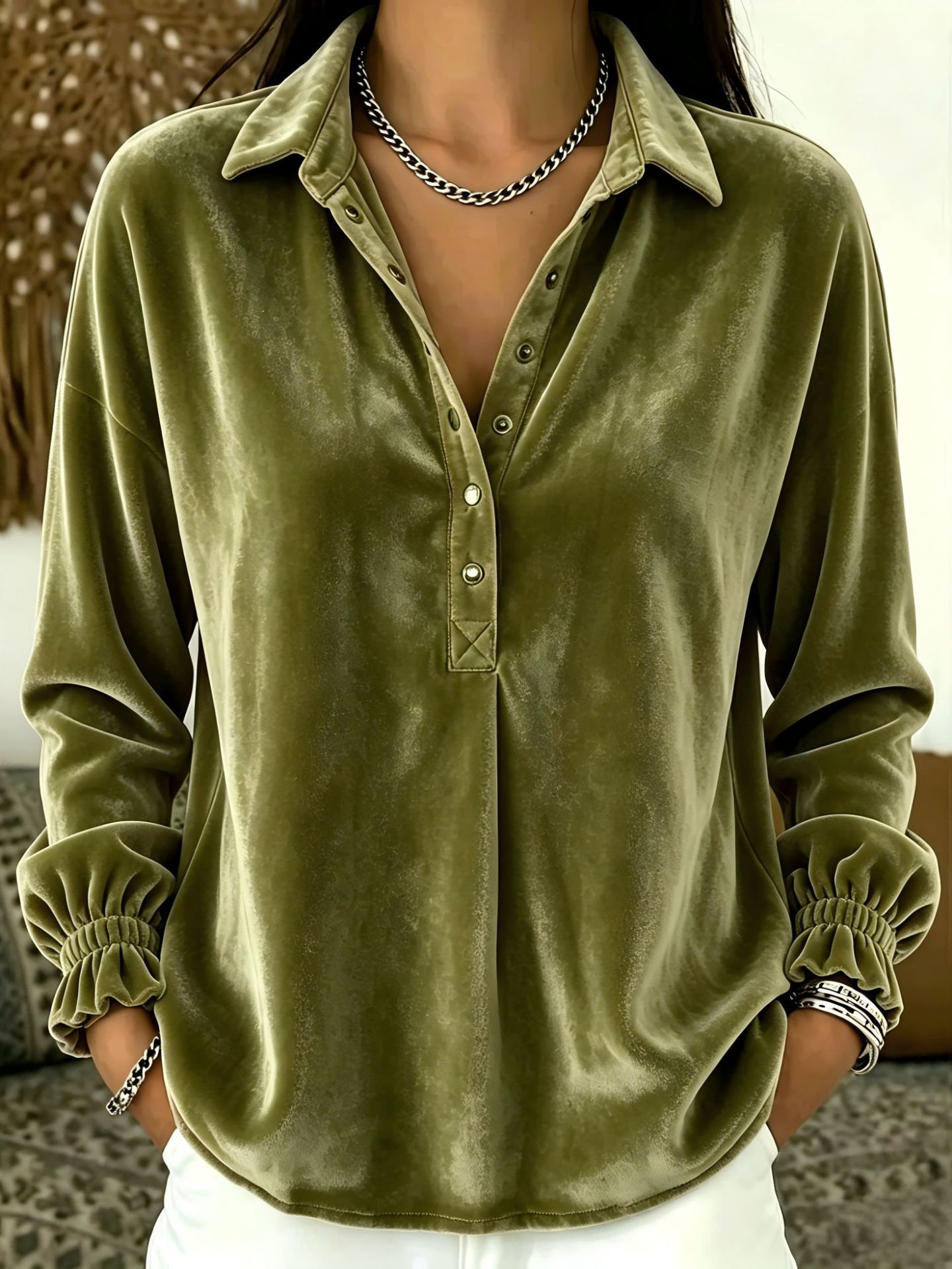 Women's Velvet-Look Metal Snap Collar Blouse - Olive Green
