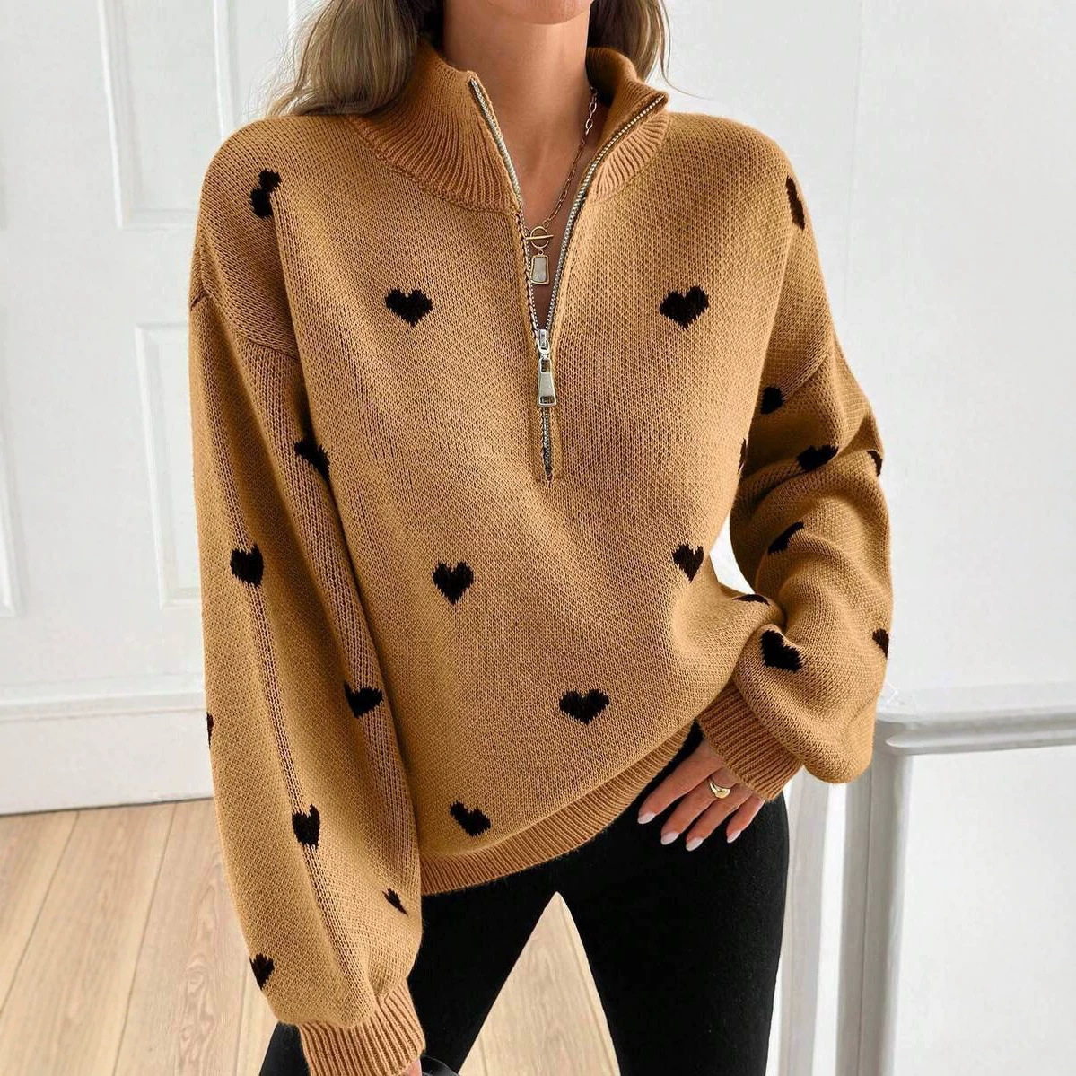 Women's Heart-Motif Half-Zip Knit Sweater